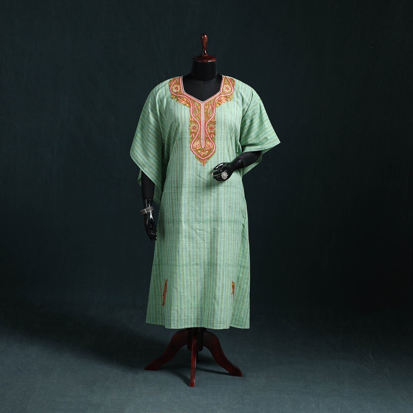 Green - Kashmiri Aari Hand Embroidered Cotton Kaftan (Long) 39