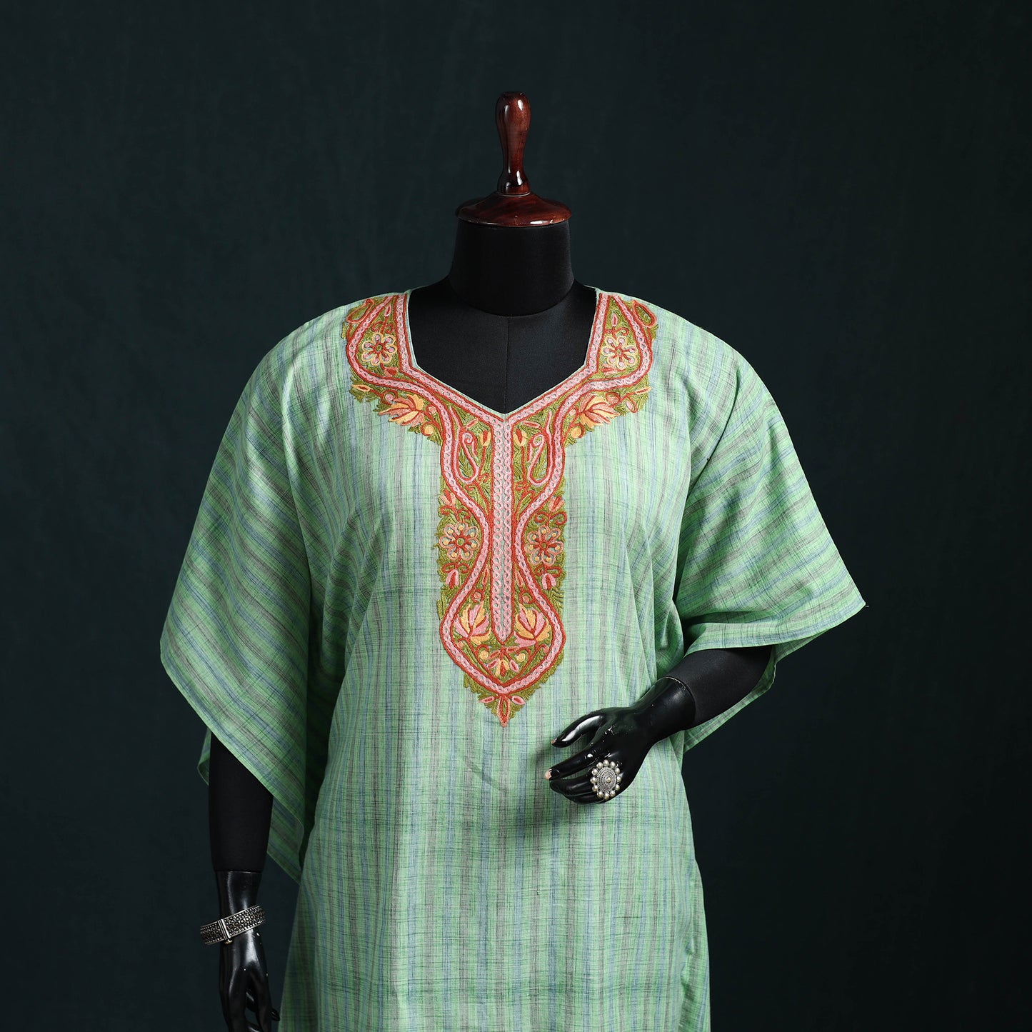 Green - Kashmiri Aari Hand Embroidered Cotton Kaftan (Long) 39