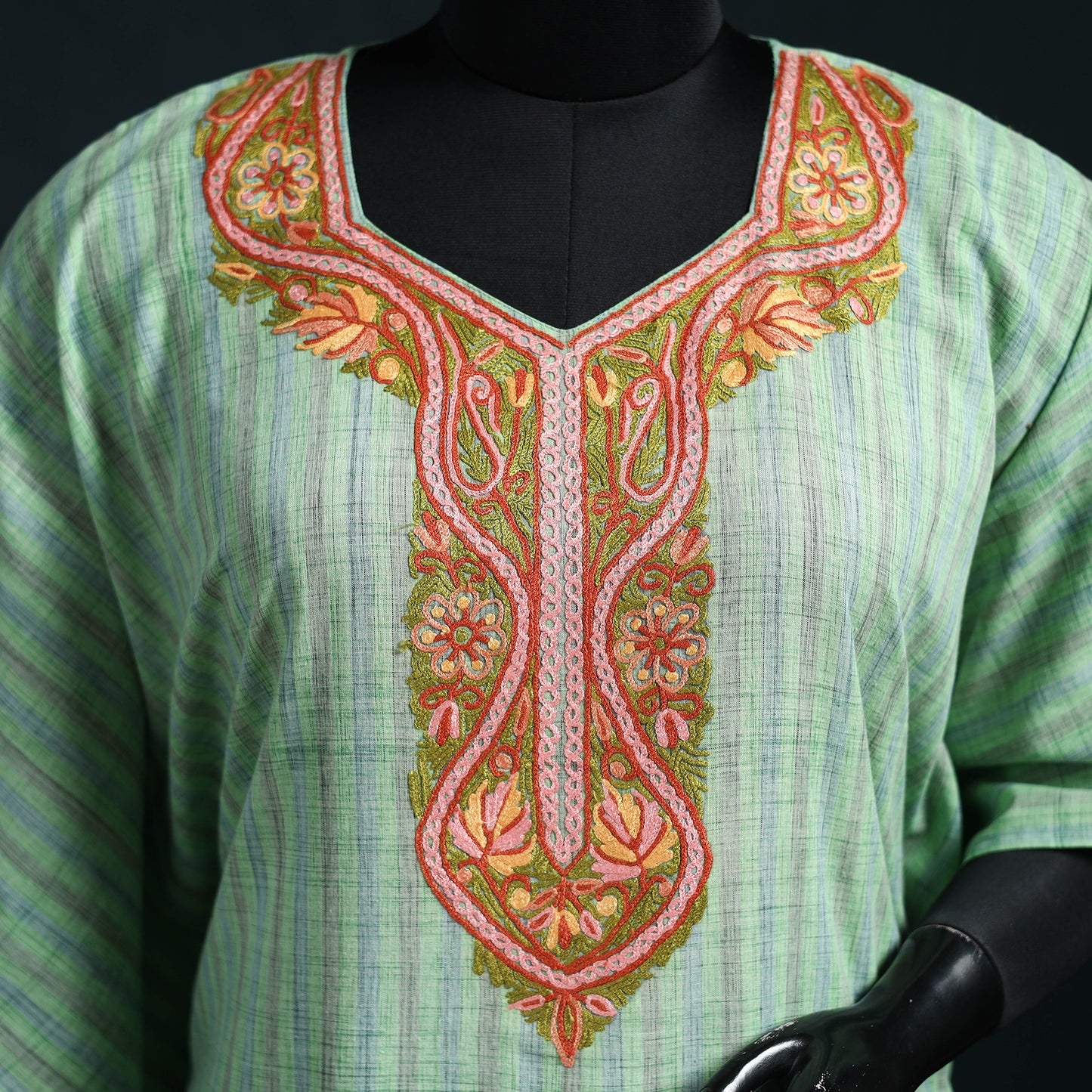 Green - Kashmiri Aari Hand Embroidered Cotton Kaftan (Long) 39