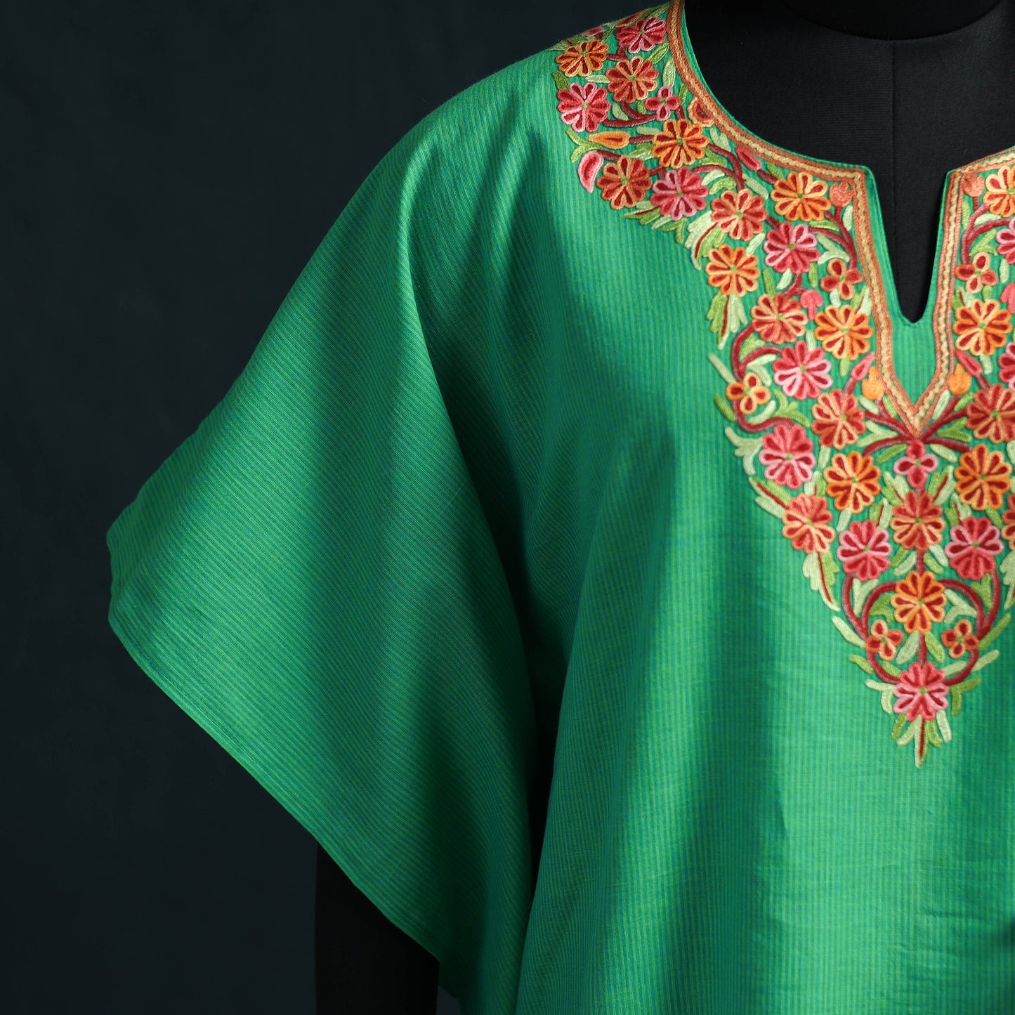 Green - Kashmiri Aari Hand Embroidered Cotton Kaftan (Long) 40