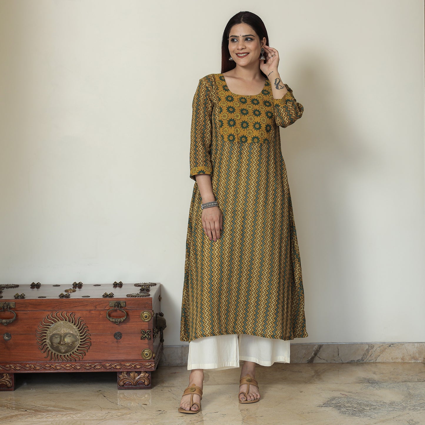 Buy Ajrakh Block Printed Mul Cotton A-Line Kurta for Women