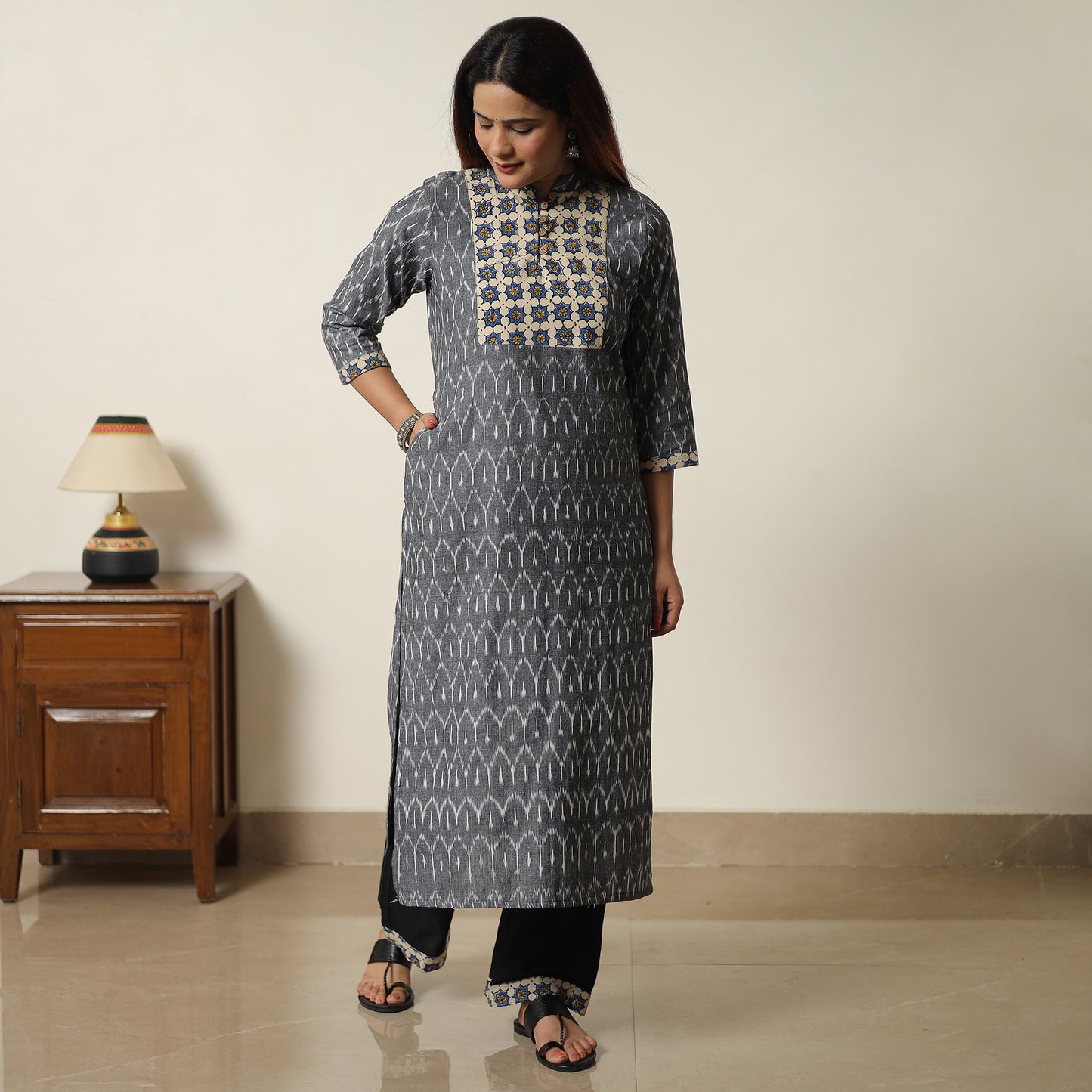 Grey - Pochampally Ikat Weave Cotton Kurta with Palazzo & Dupatta Set 04