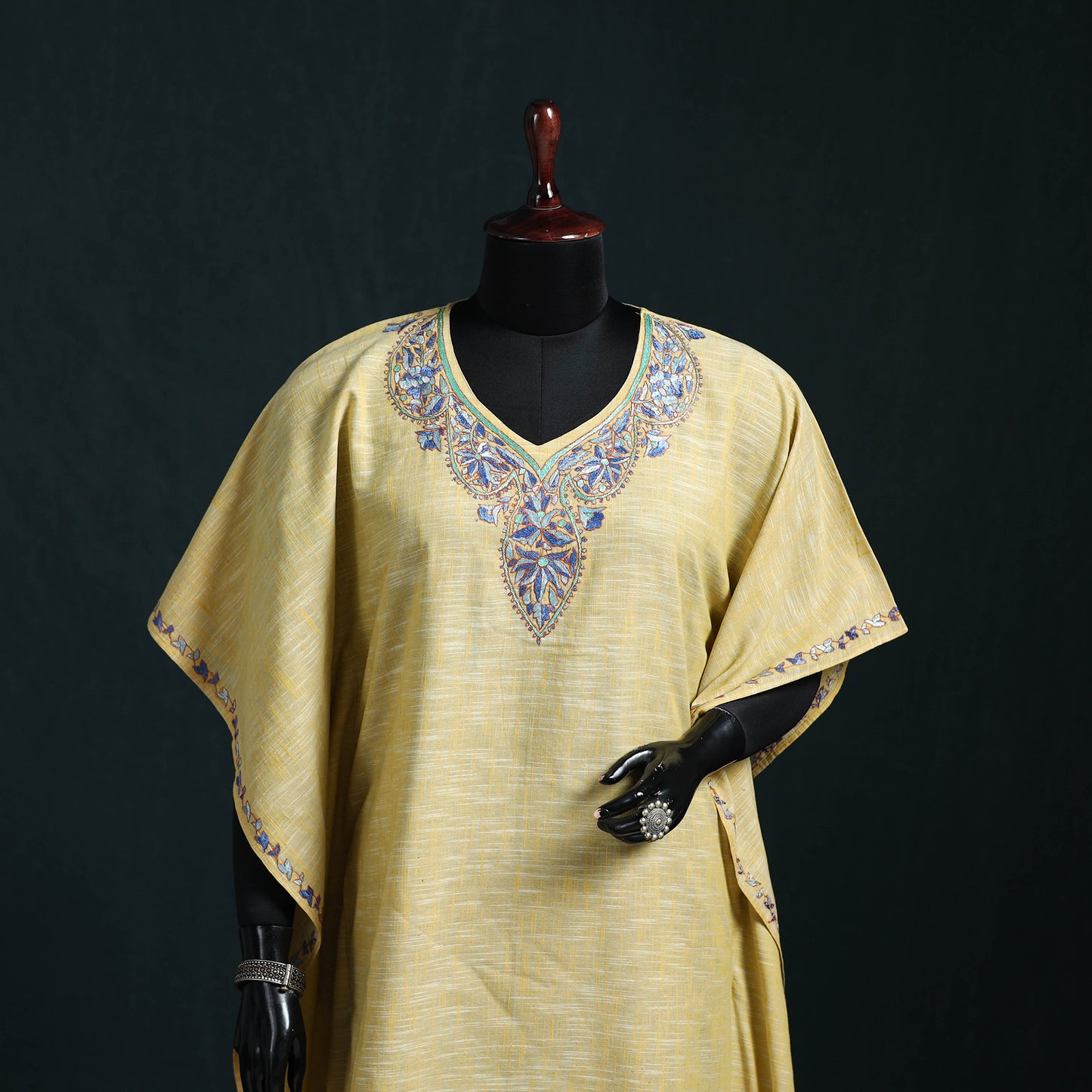 Yellow - Kashmiri Kashida Hand Embroidered Cotton Kaftan (Long) 41