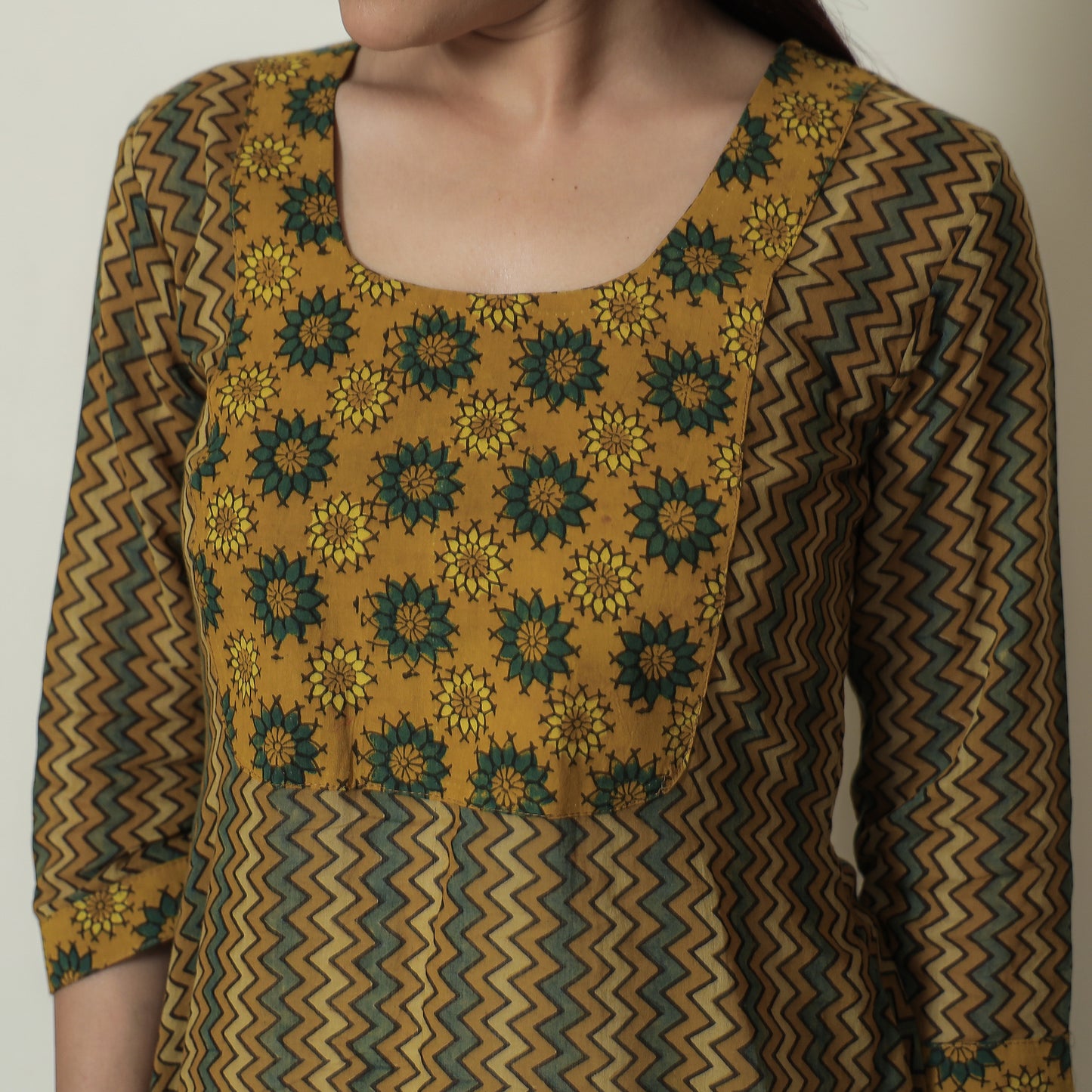 Buy Ajrakh Block Printed Mul Cotton A-Line Kurta for Women