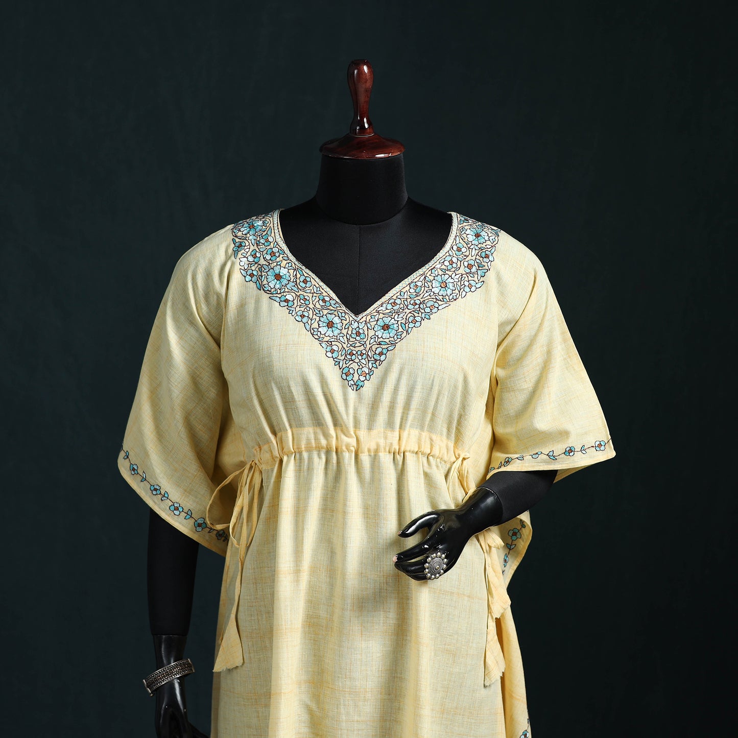 Yellow - Kashmiri Kashida Hand Embroidered Cotton Kaftan (Long) 42
