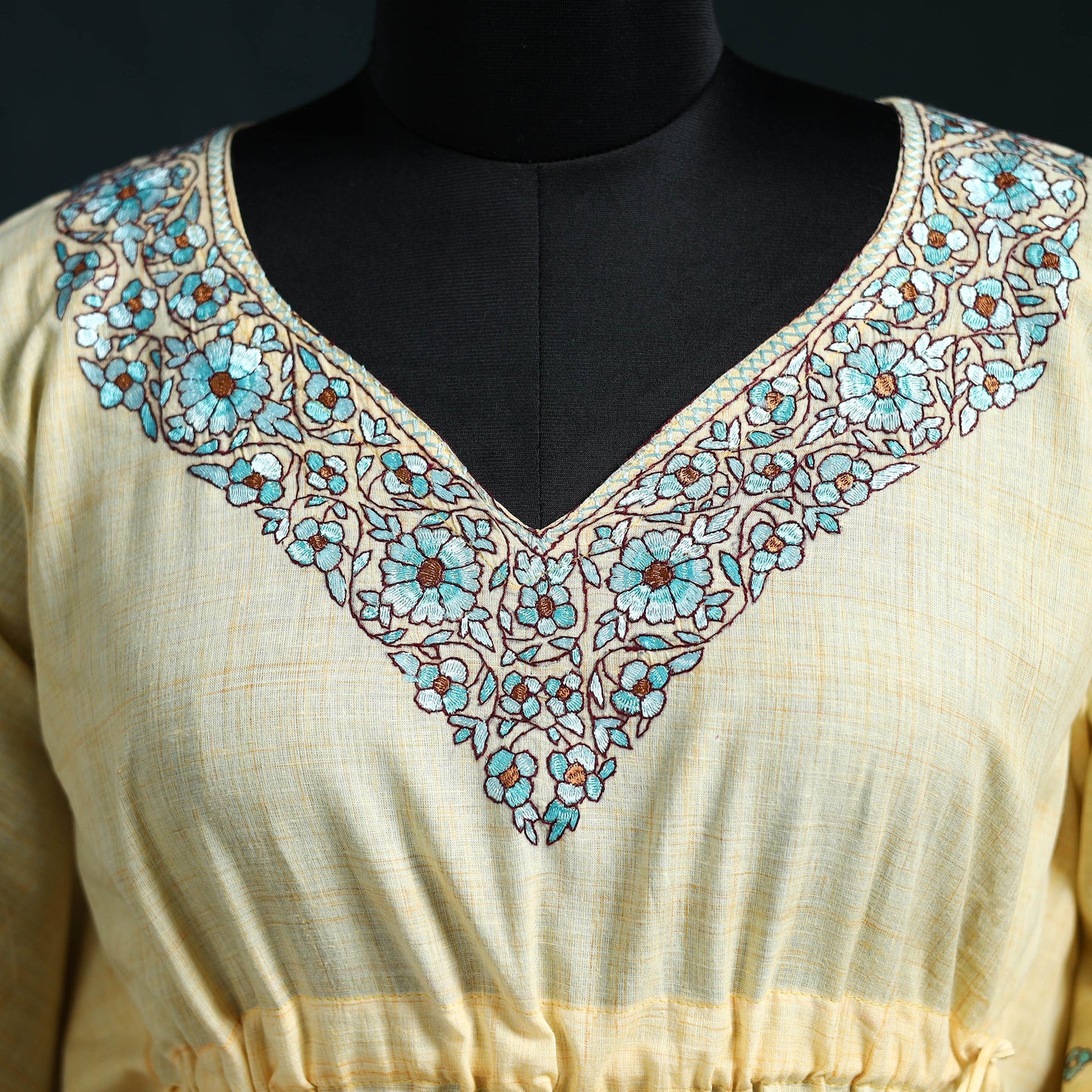 Yellow - Kashmiri Kashida Hand Embroidered Cotton Kaftan (Long) 42