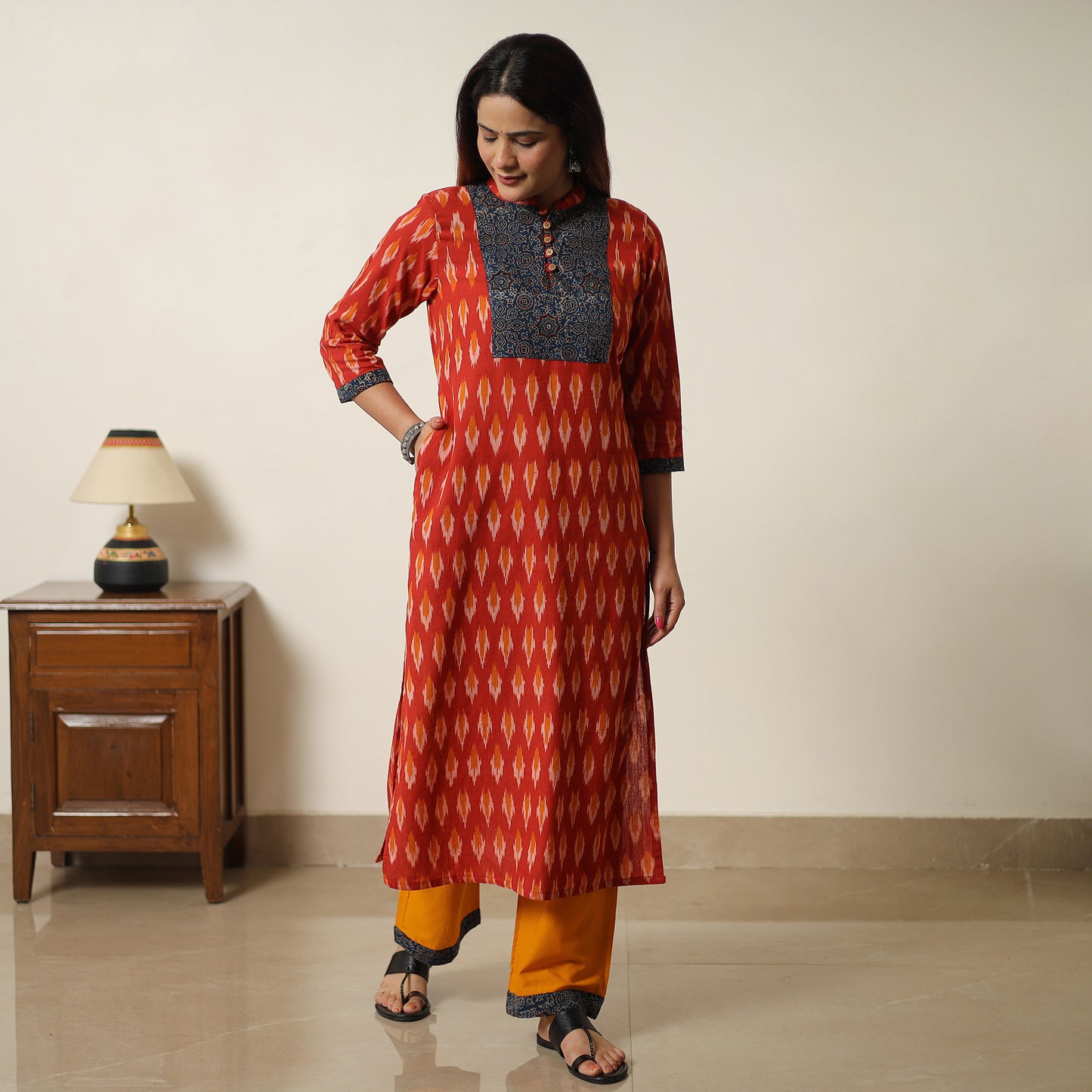 Red - Pochampally Ikat Weave Cotton Kurta with Palazzo & Dupatta Set 03