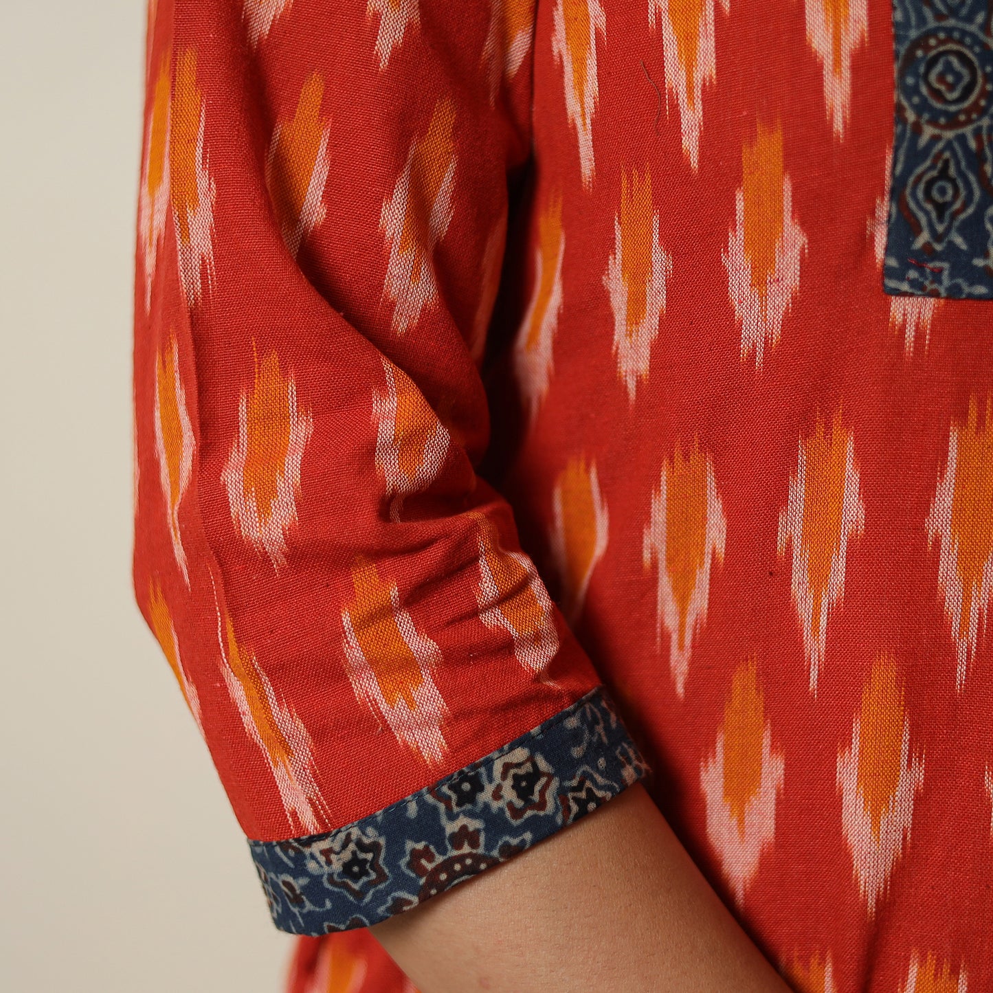 Red - Pochampally Ikat Weave Cotton Kurta with Palazzo & Dupatta Set 03