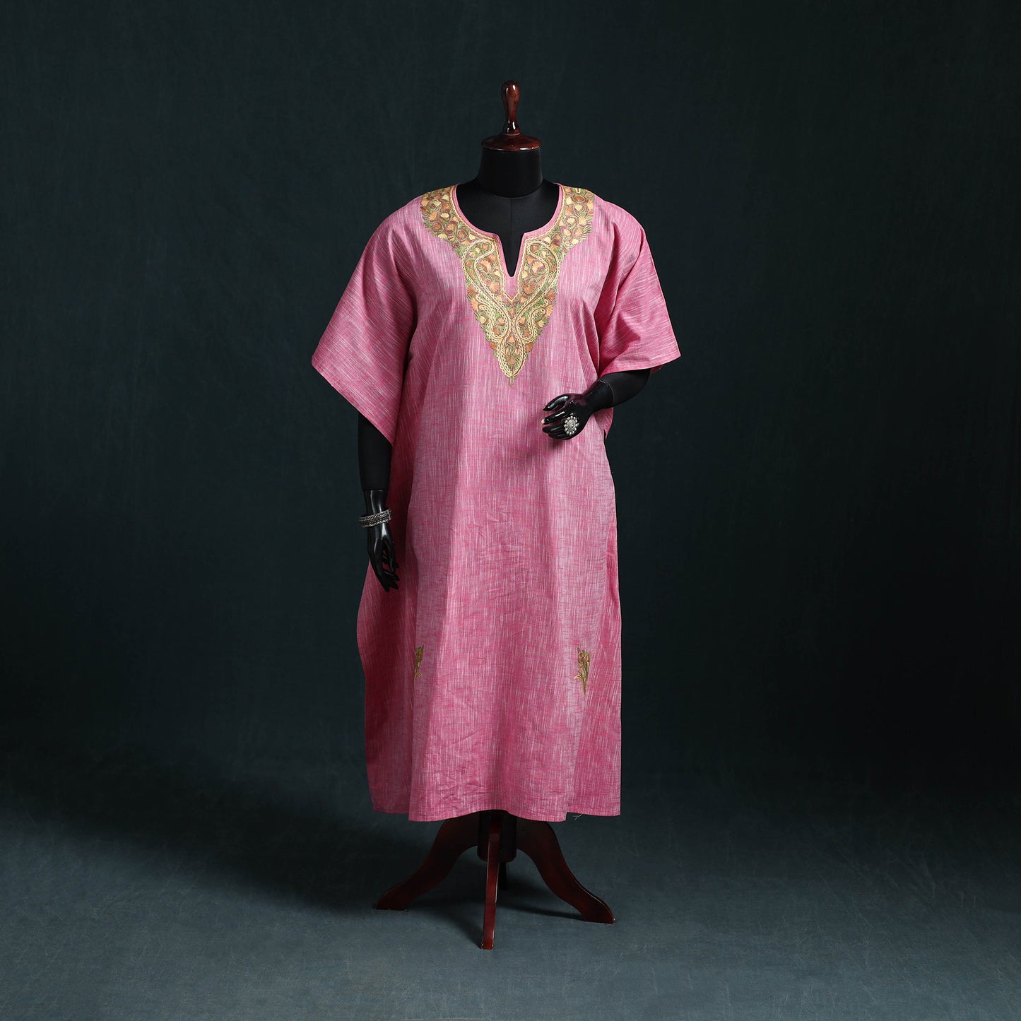 Pink - Kashmiri Aari Hand Embroidered Cotton Kaftan (Long) 43