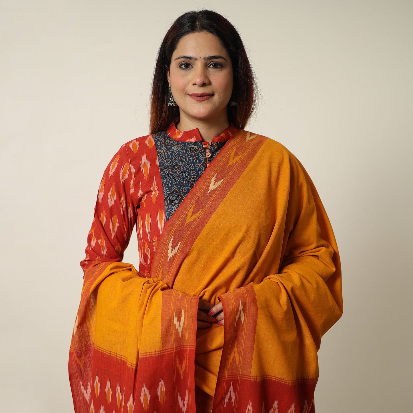 Red - Pochampally Ikat Weave Cotton Kurta with Palazzo & Dupatta Set 03