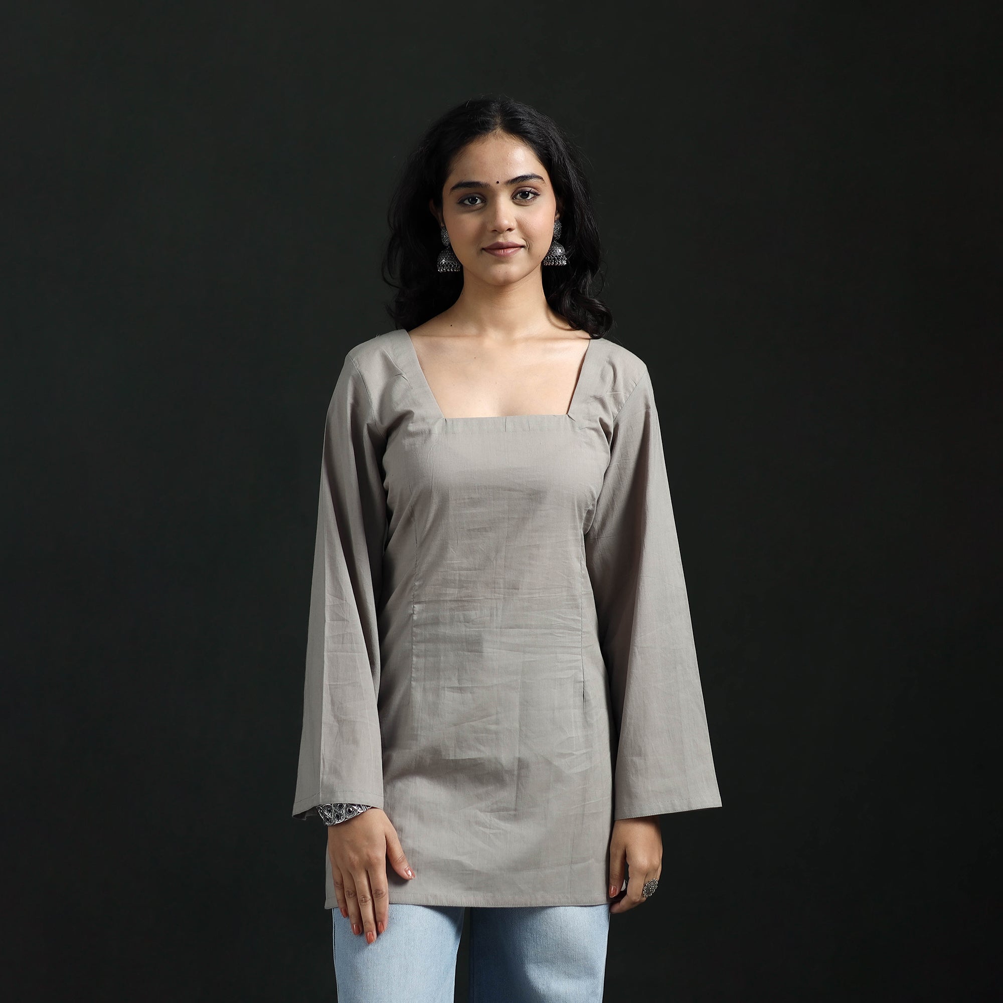 Grey - Plain Cotton Short Kurta for Women 19