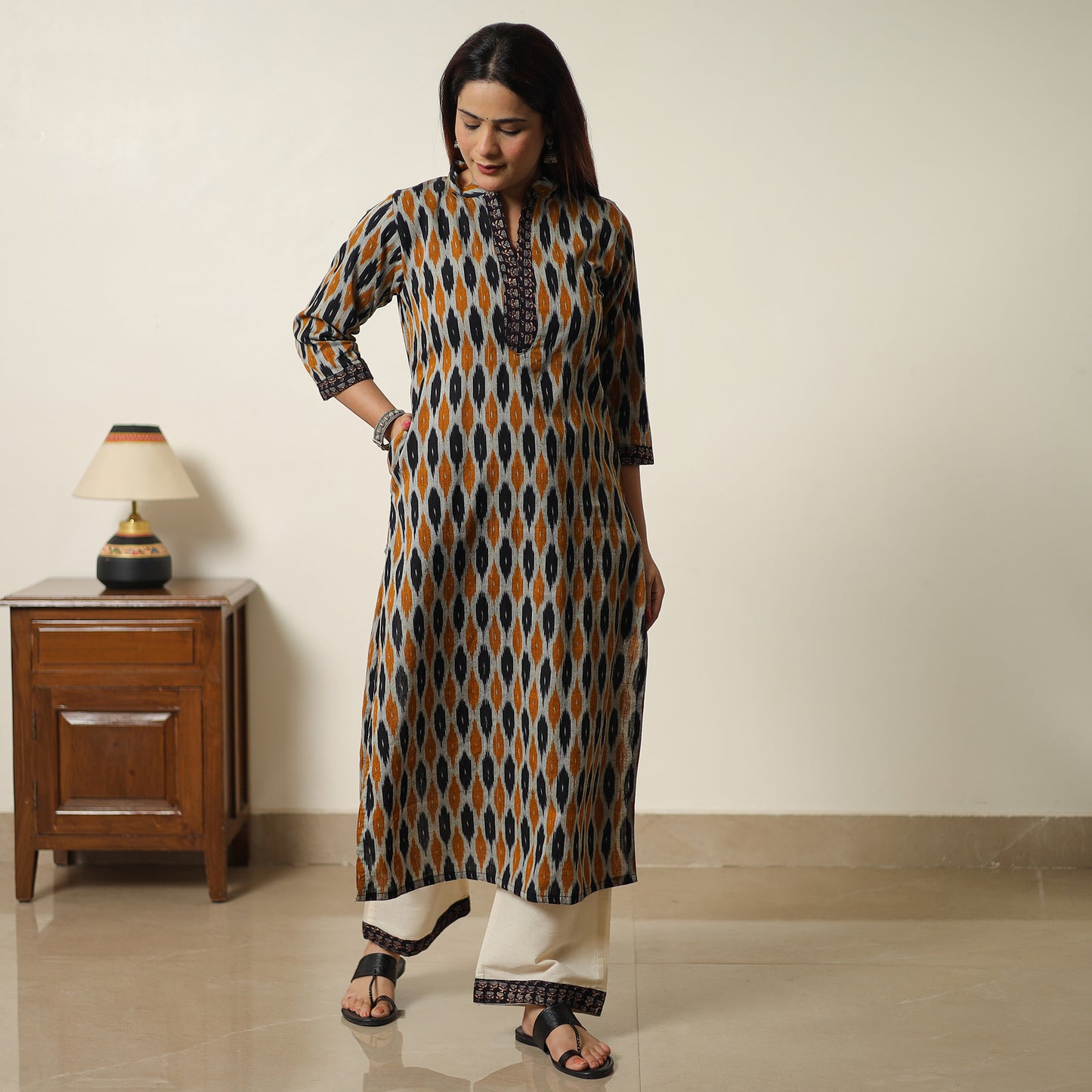 Multicolor - Pochampally Ikat Weave Cotton Kurta with Palazzo & Dupatta Set 06