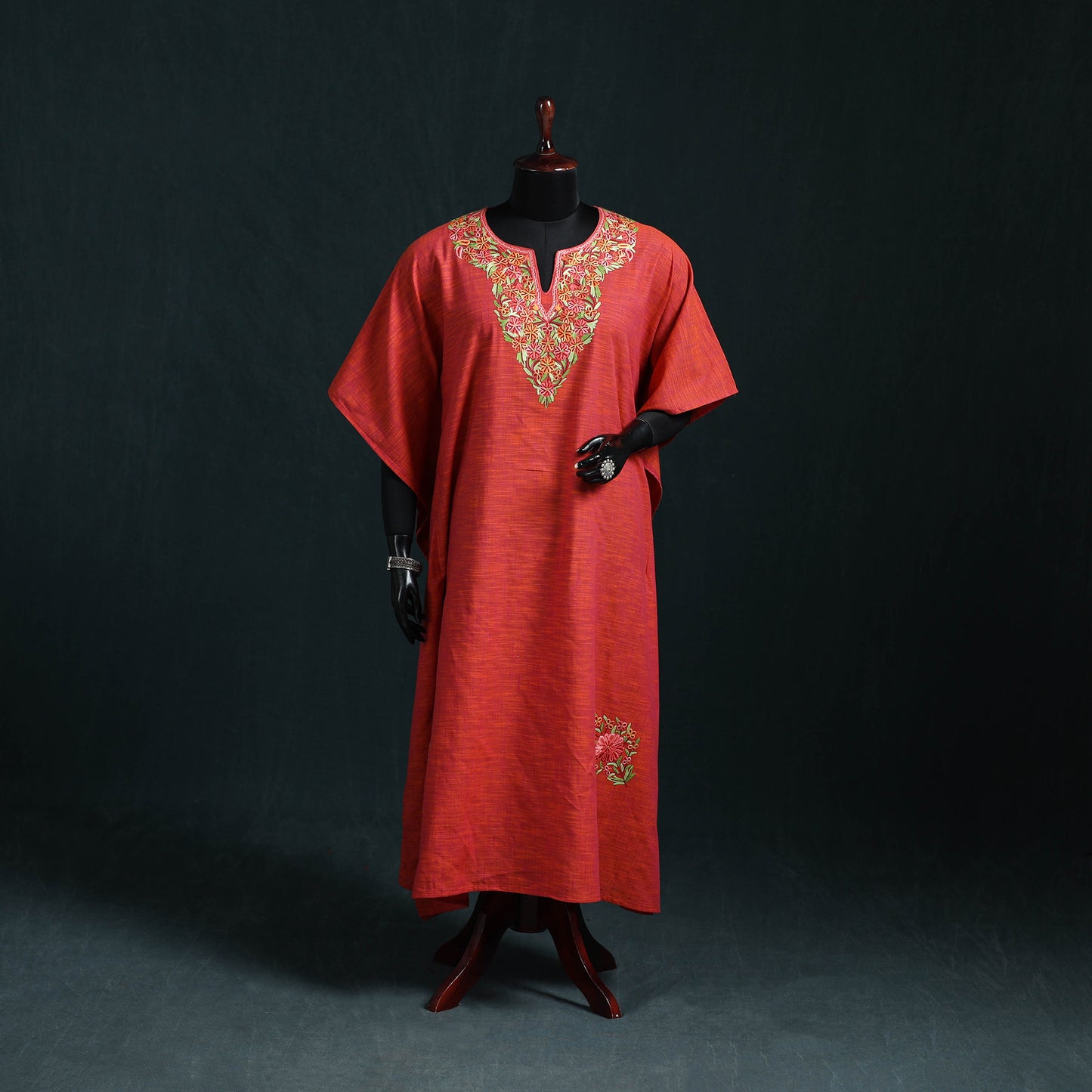 Red - Kashmiri Aari Hand Embroidered Cotton Kaftan (Long) 45