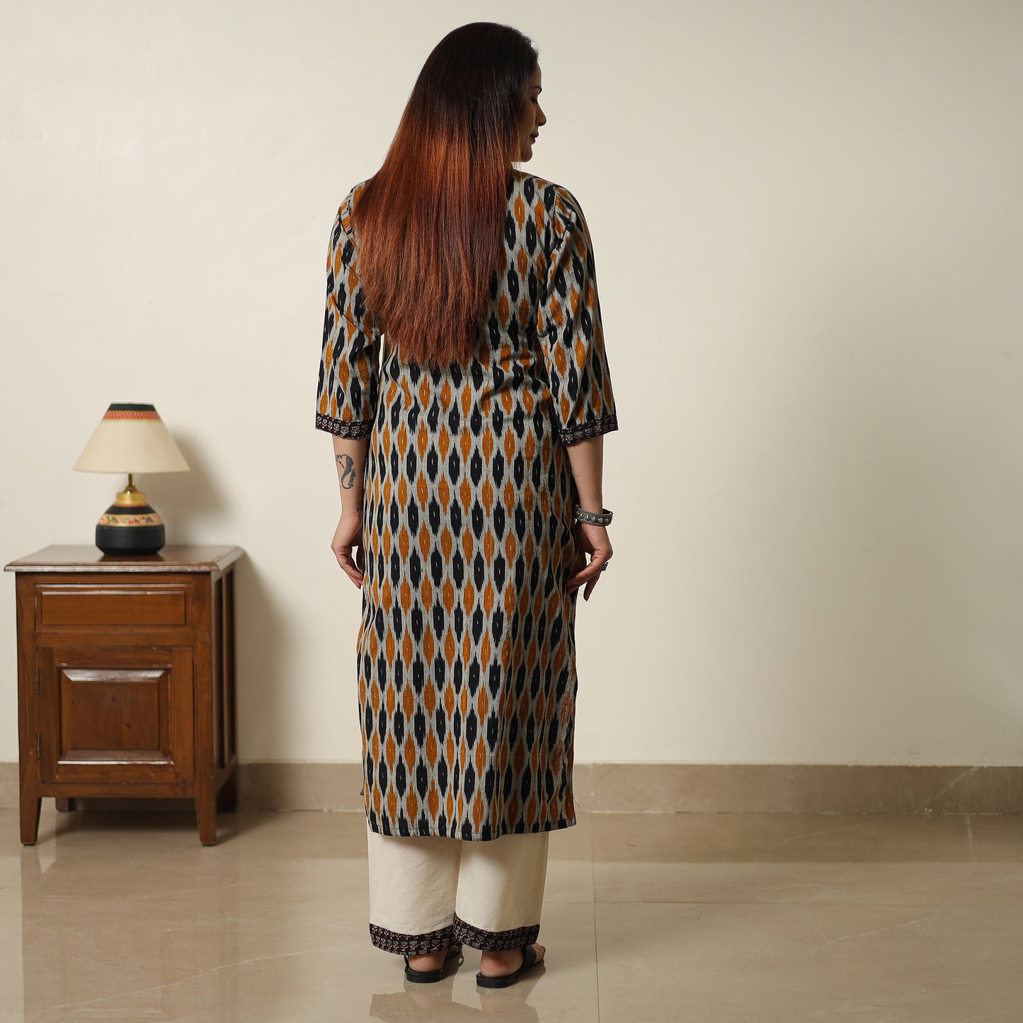 Multicolor - Pochampally Ikat Weave Cotton Kurta with Palazzo & Dupatta Set 06