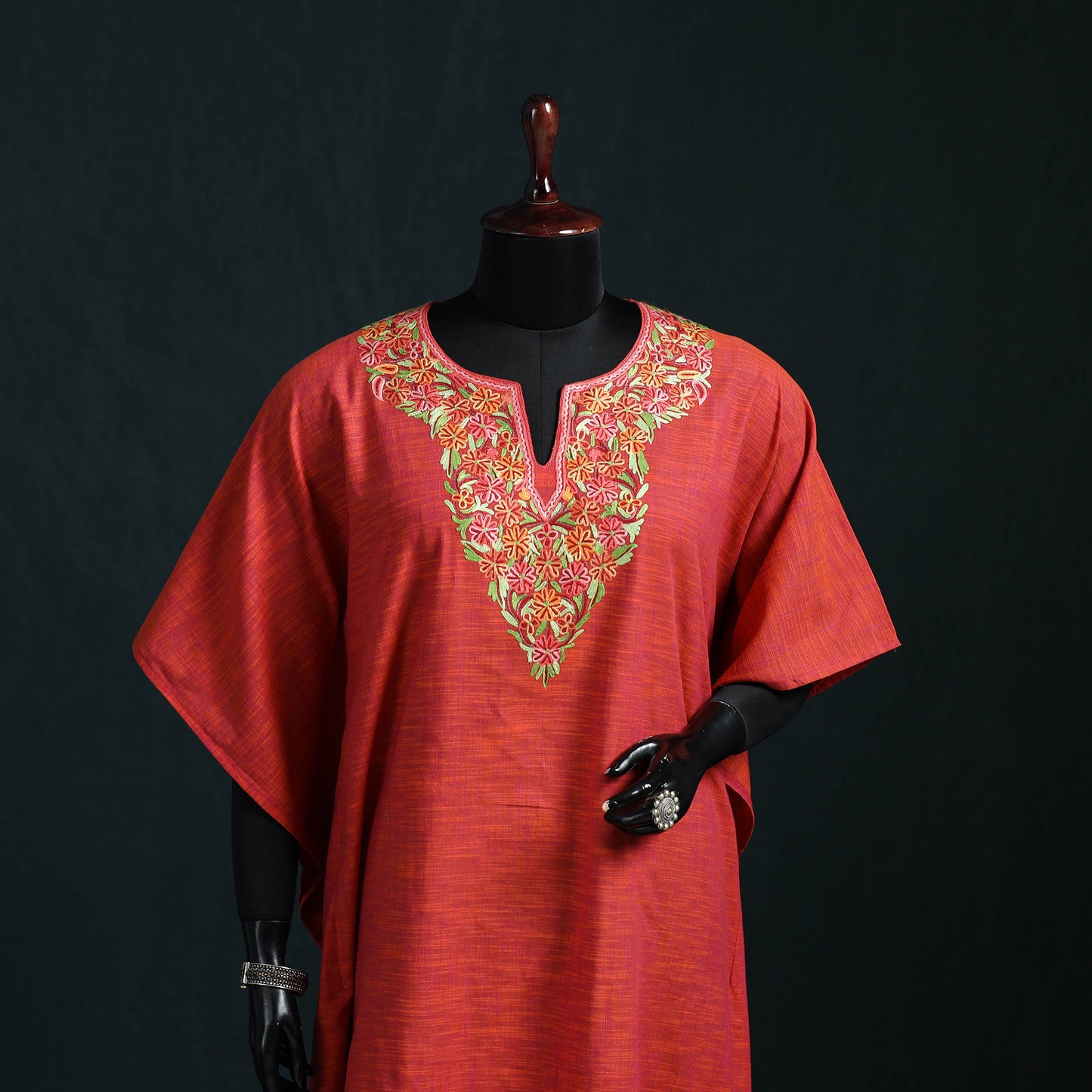 Red - Kashmiri Aari Hand Embroidered Cotton Kaftan (Long) 45