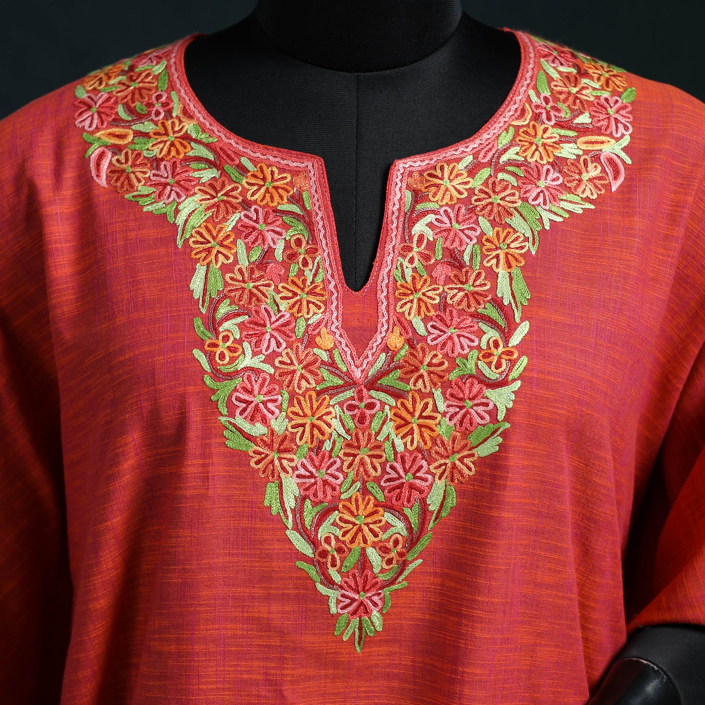Red - Kashmiri Aari Hand Embroidered Cotton Kaftan (Long) 45