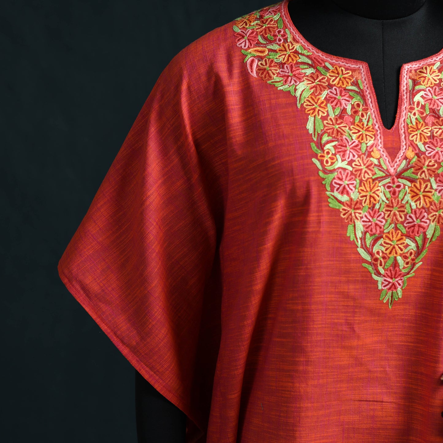 Red - Kashmiri Aari Hand Embroidered Cotton Kaftan (Long) 45