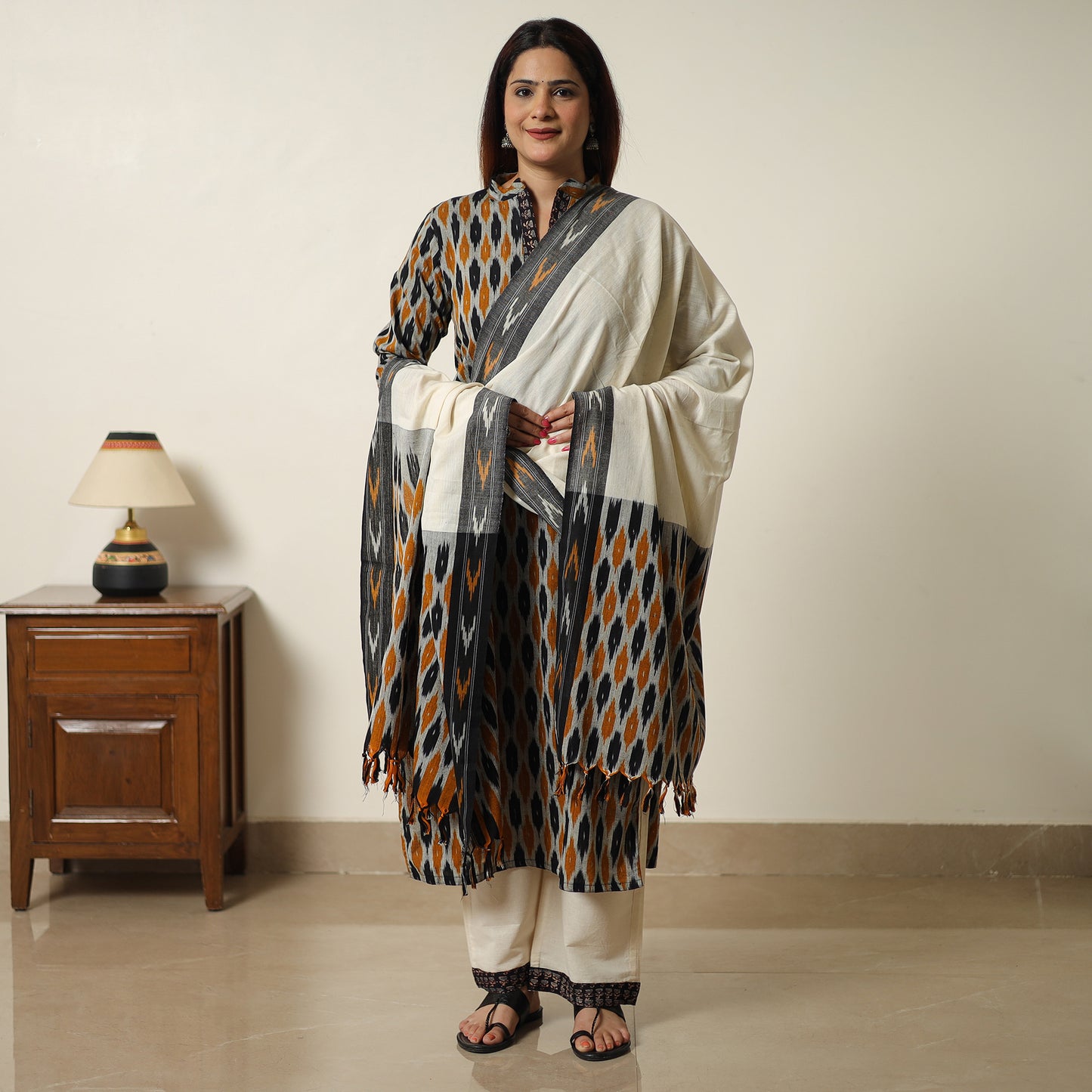 Multicolor - Pochampally Ikat Weave Cotton Kurta with Palazzo & Dupatta Set 06