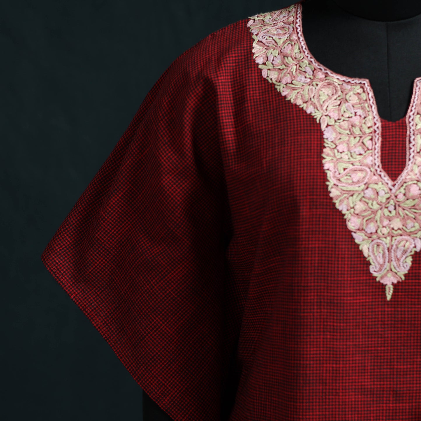Maroon - Kashmiri Aari Hand Embroidered Cotton Kaftan (Long) 46