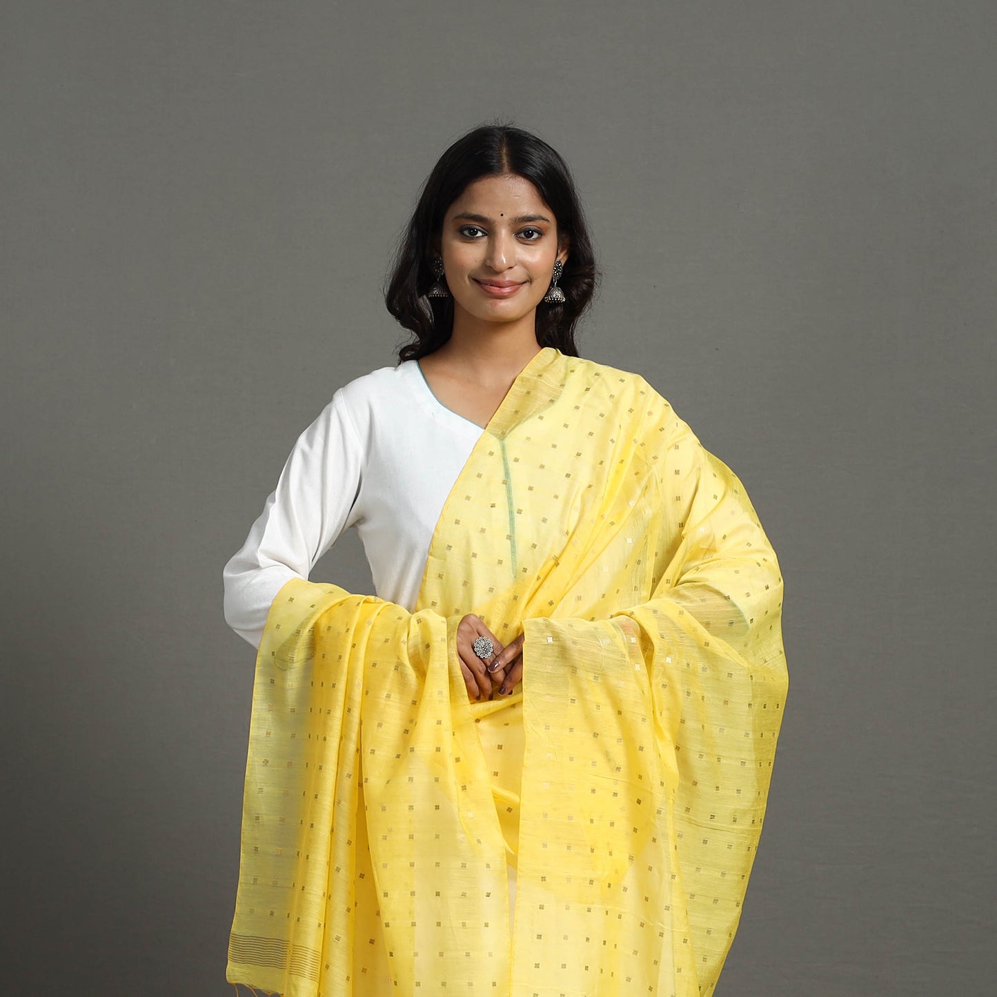 Yellow - bengal silk cotton sequin work handloom dupatta 09