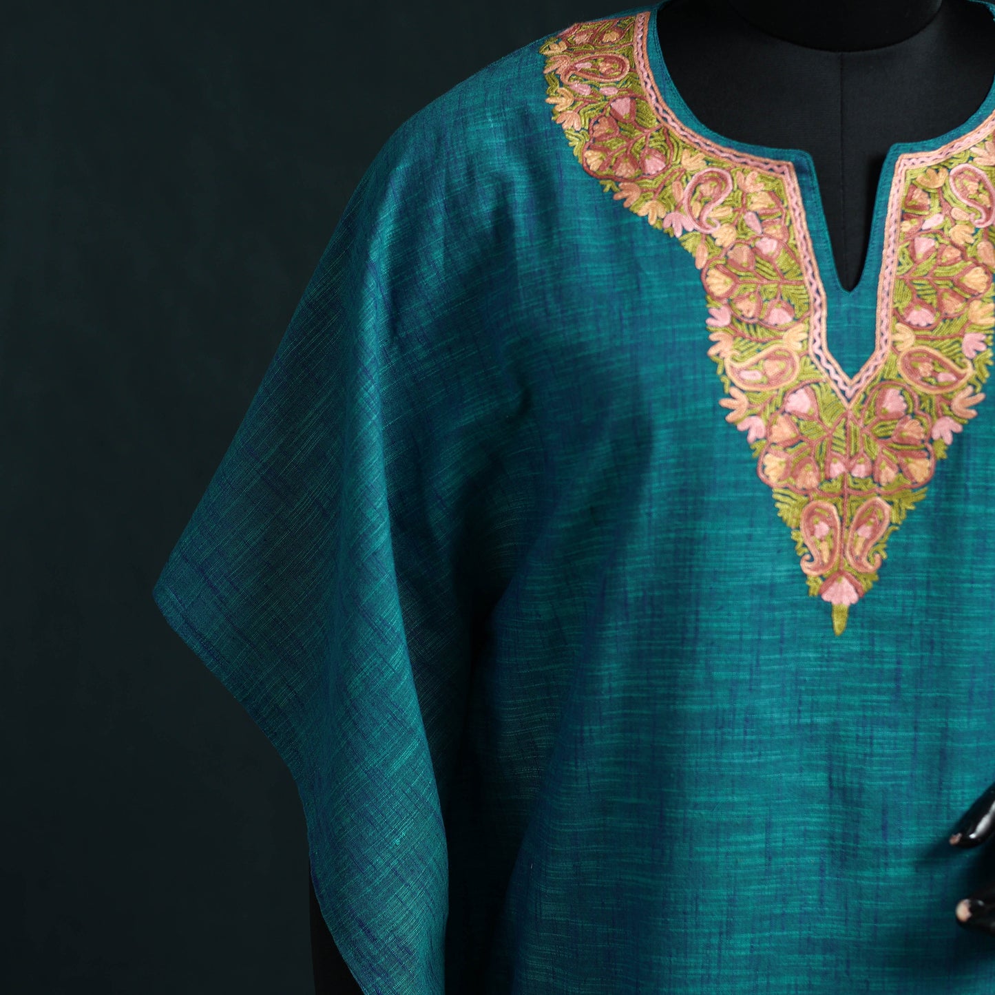 Blue - Kashmiri Aari Hand Embroidered Cotton Kaftan (Long) 47