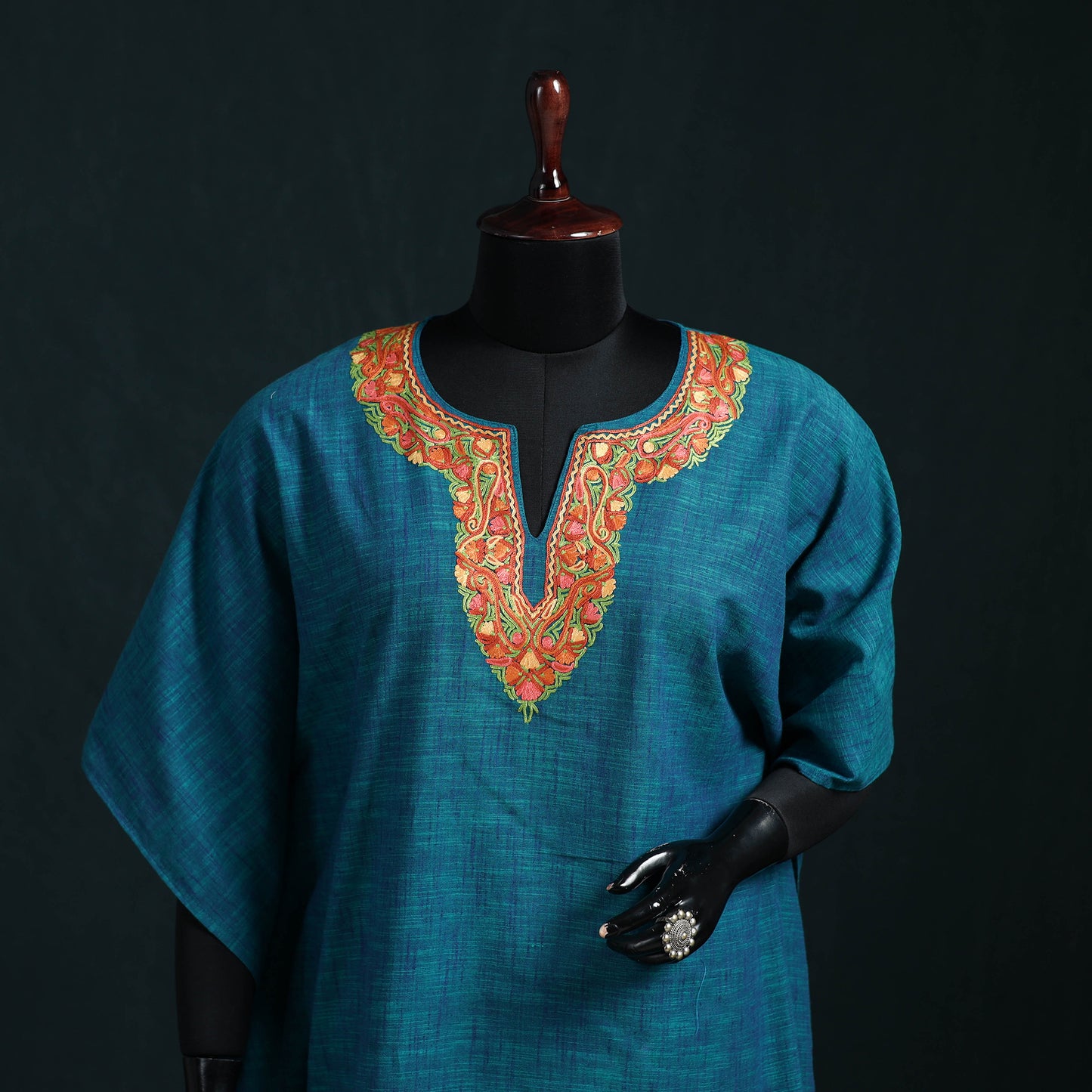 Blue - Kashmiri Aari Hand Embroidered Cotton Kaftan (Long) 48