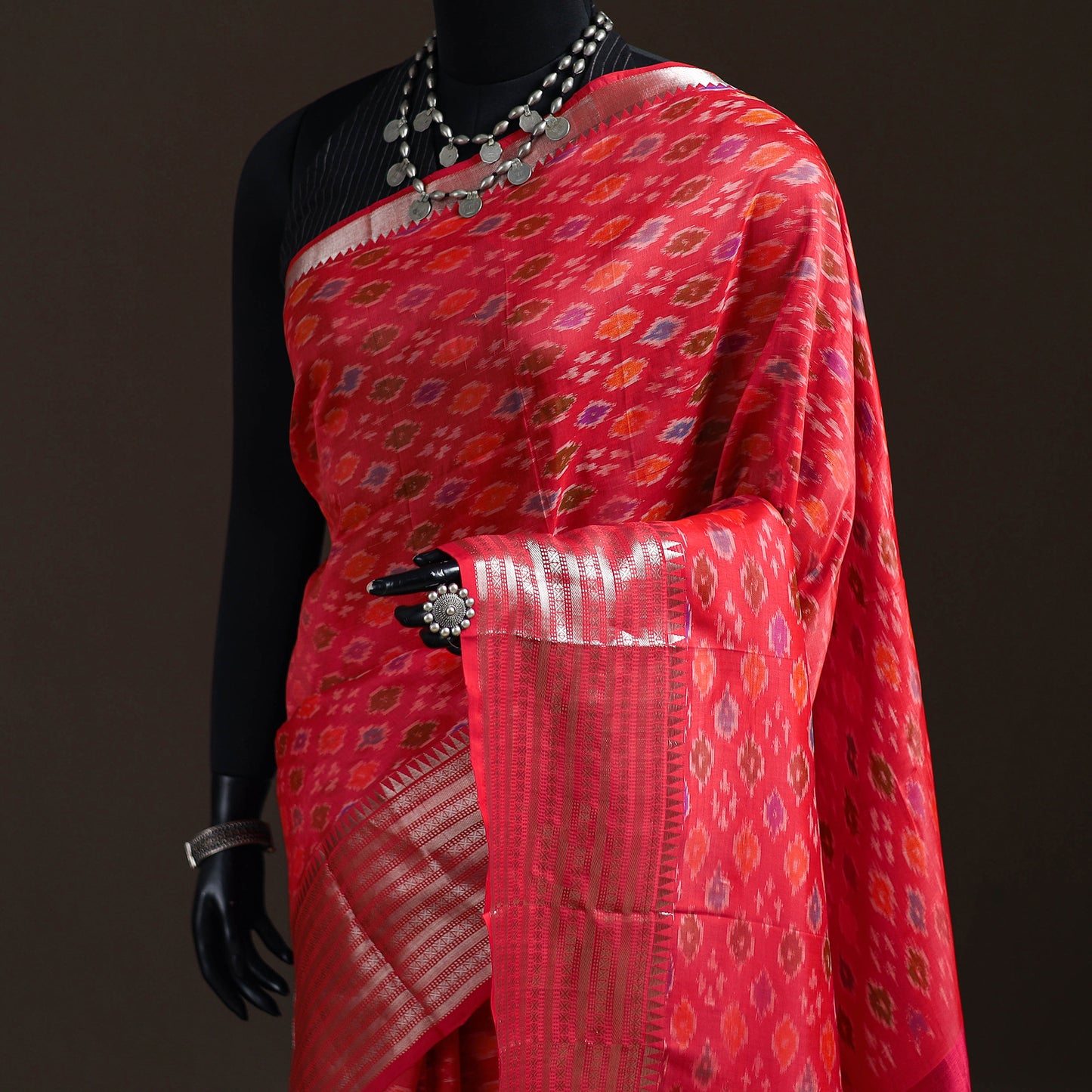 Pink - Traditional Pochampally Ikat Handwoven Pure Silk Pattu Saree with Rudraksha Border 04