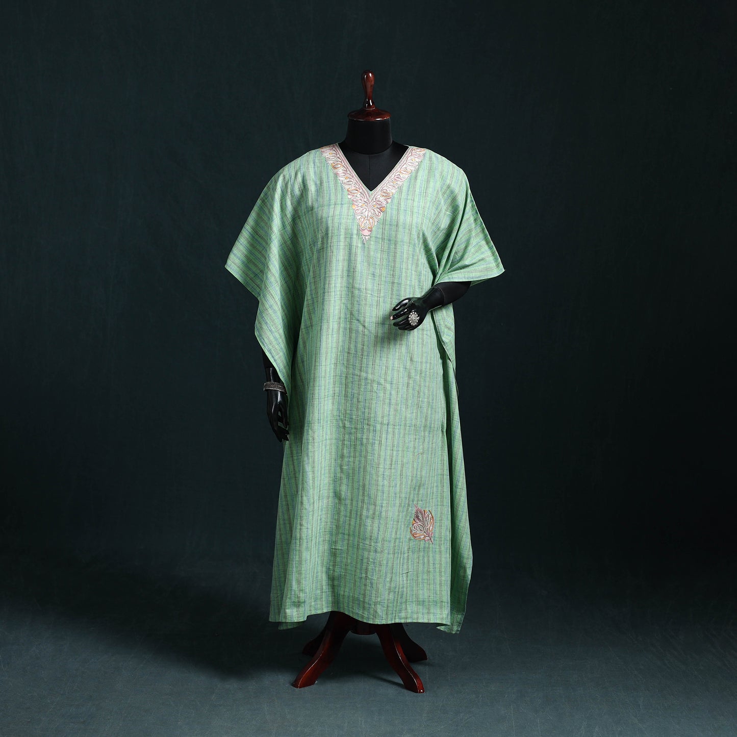 Green - Kashmiri Aari Hand Embroidered Cotton Kaftan (Long) 49
