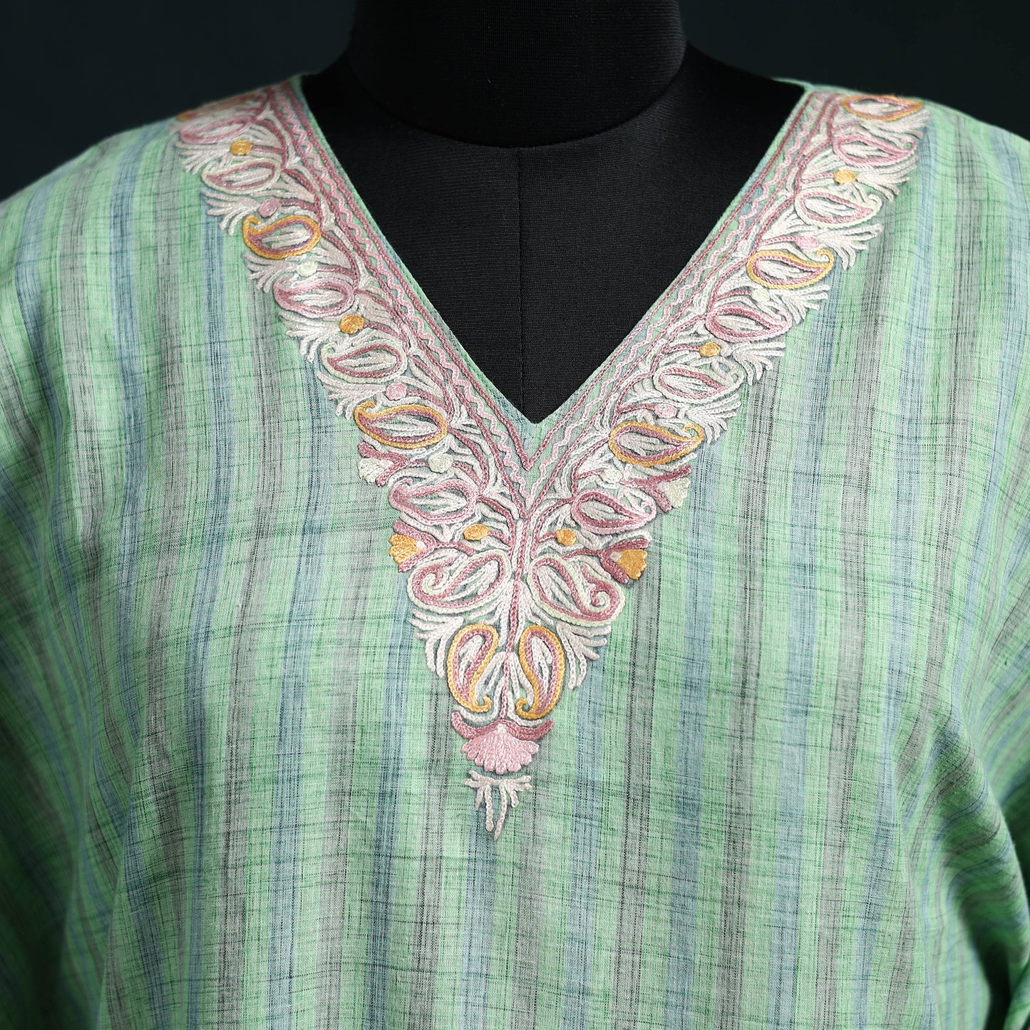Green - Kashmiri Aari Hand Embroidered Cotton Kaftan (Long) 49