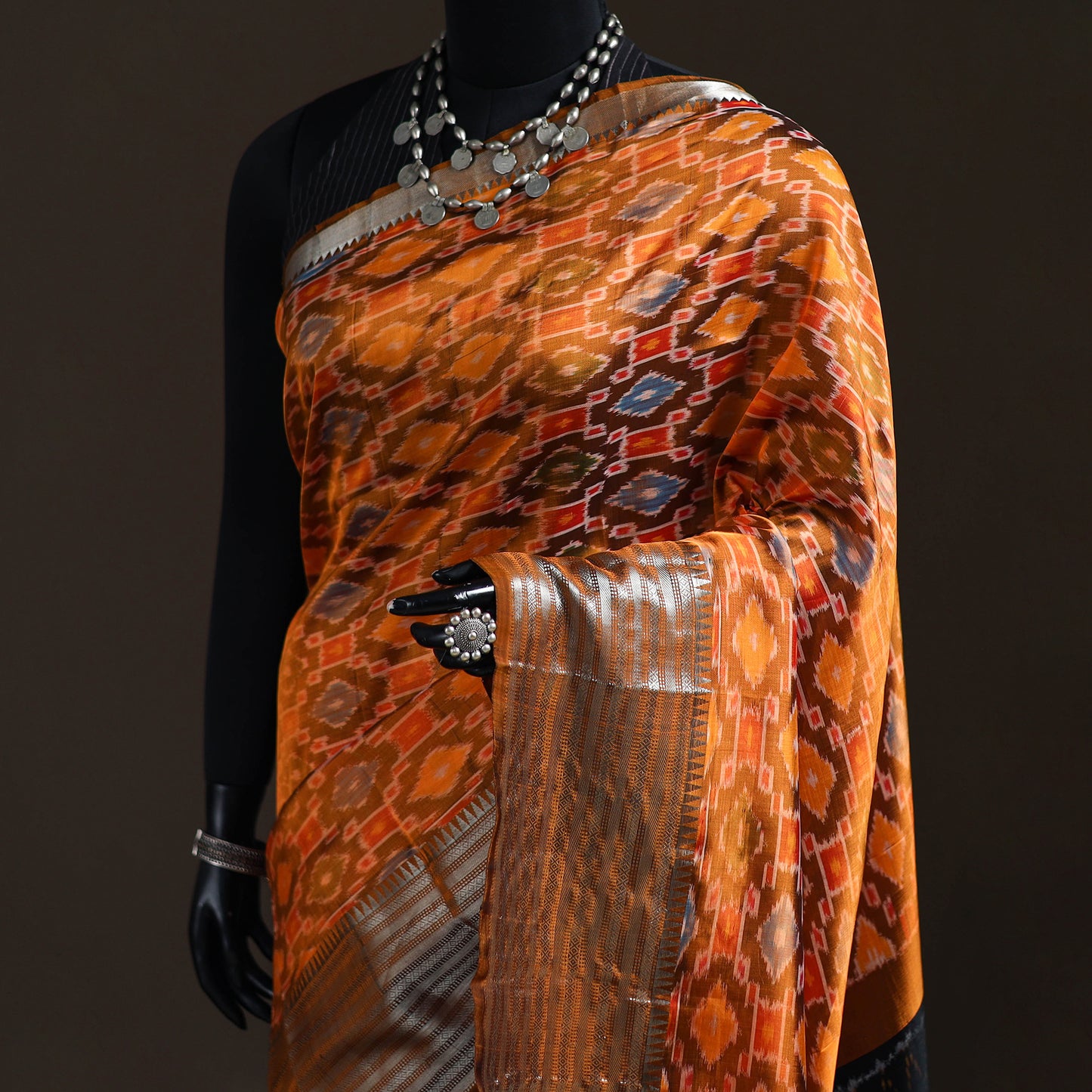 Orange - Traditional Pochampally Ikat Handwoven Pure Silk Pattu Saree with Rudraksha Border 07