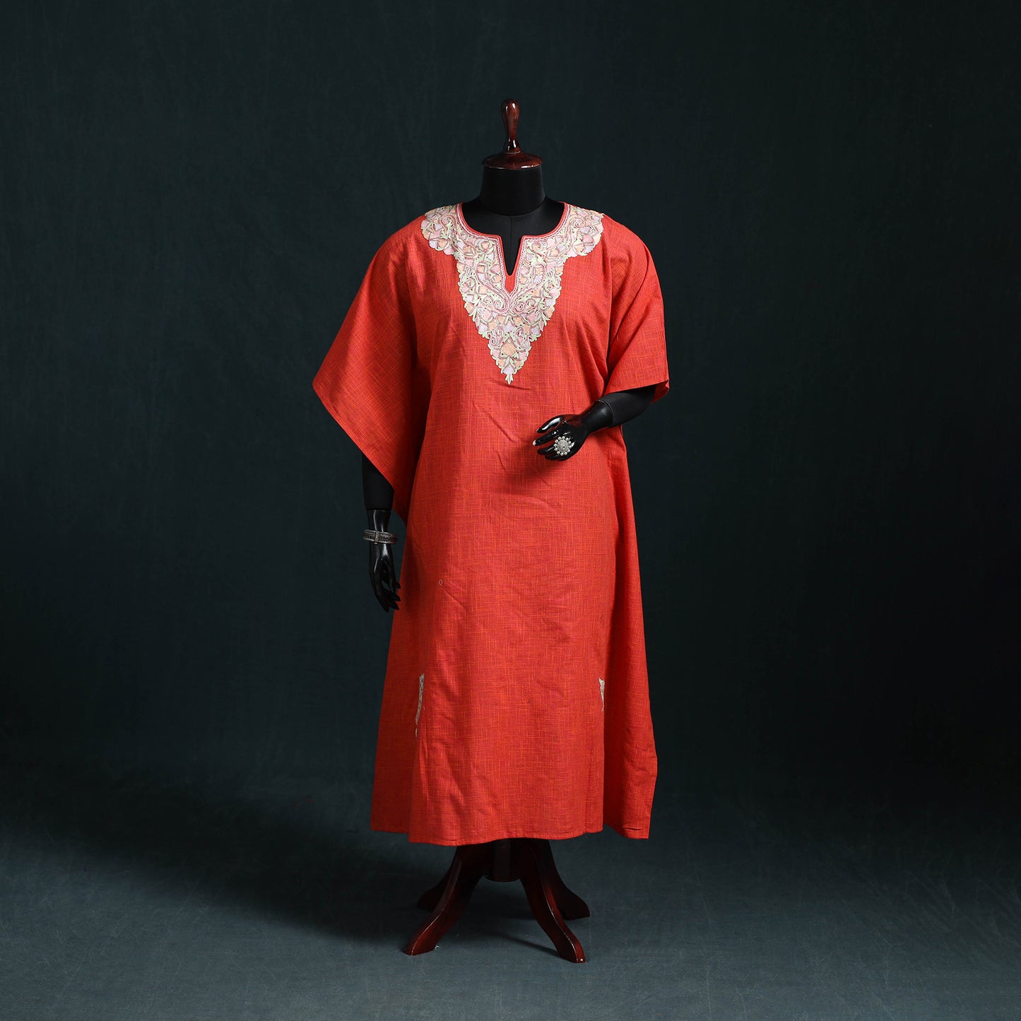 Red - Kashmiri Aari Hand Embroidered Cotton Kaftan (Long) 50