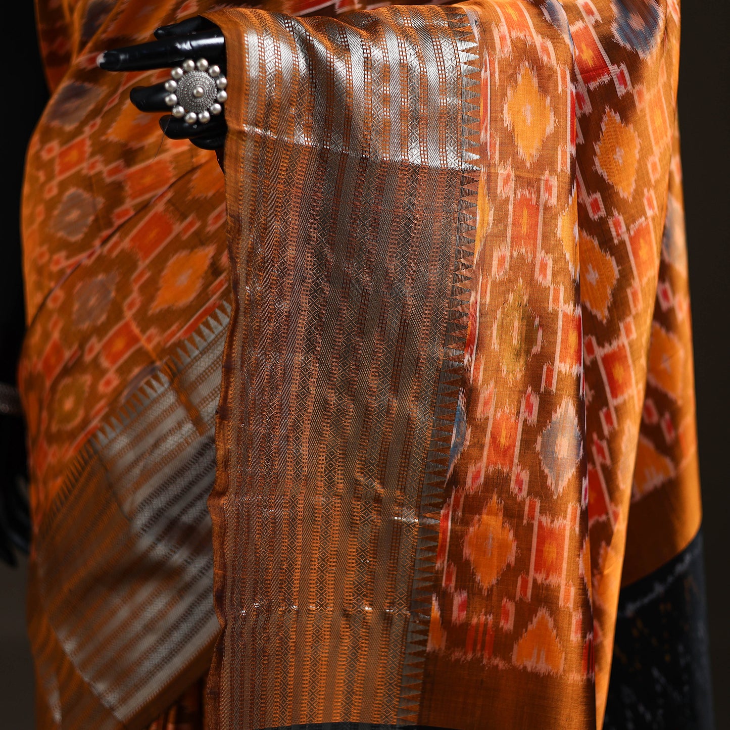 Orange - Traditional Pochampally Ikat Handwoven Pure Silk Pattu Saree with Rudraksha Border 07