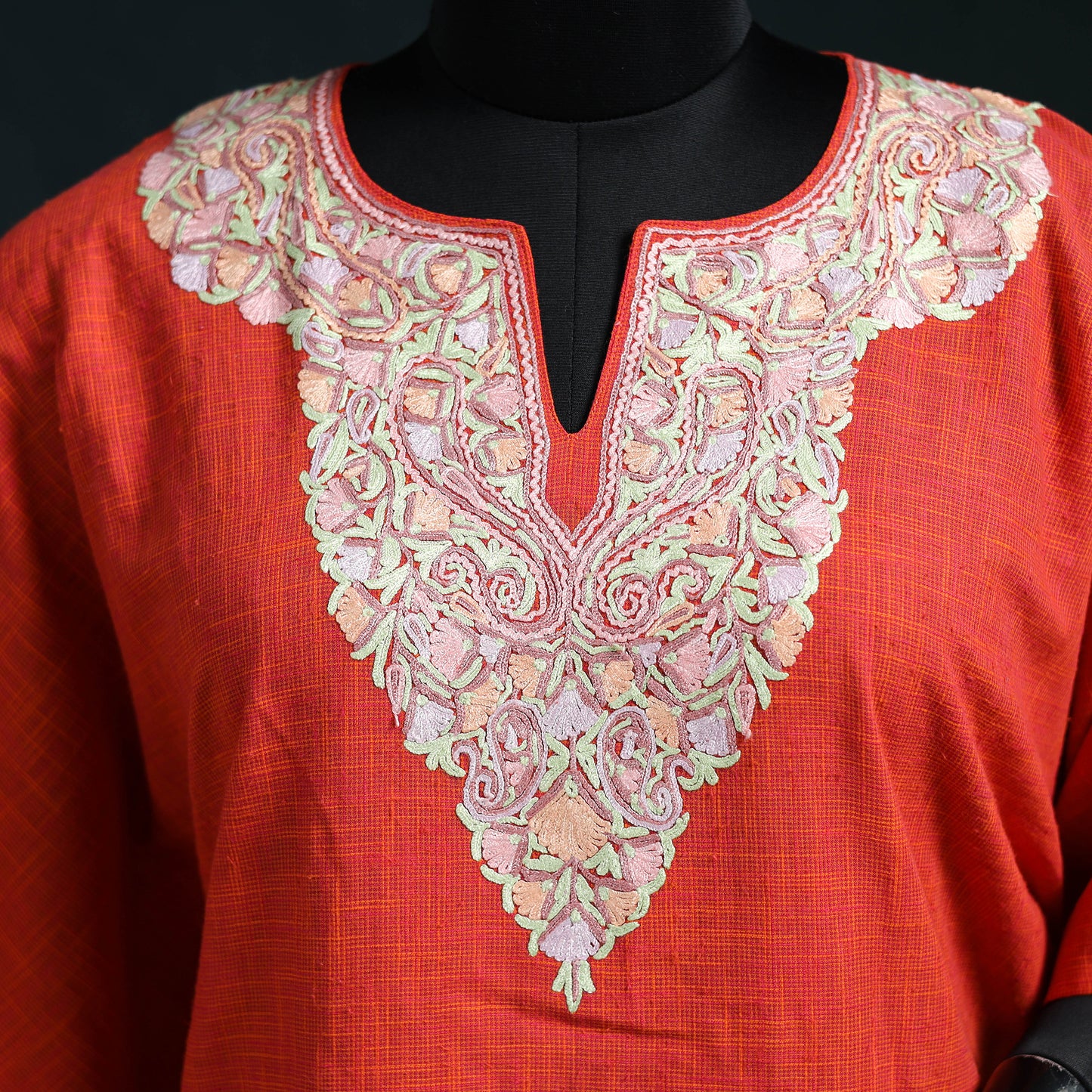 Red - Kashmiri Aari Hand Embroidered Cotton Kaftan (Long) 50
