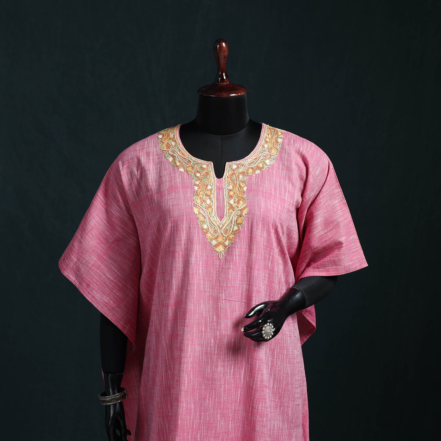 Pink - Kashmiri Aari Hand Embroidered Cotton Kaftan (Long) 51
