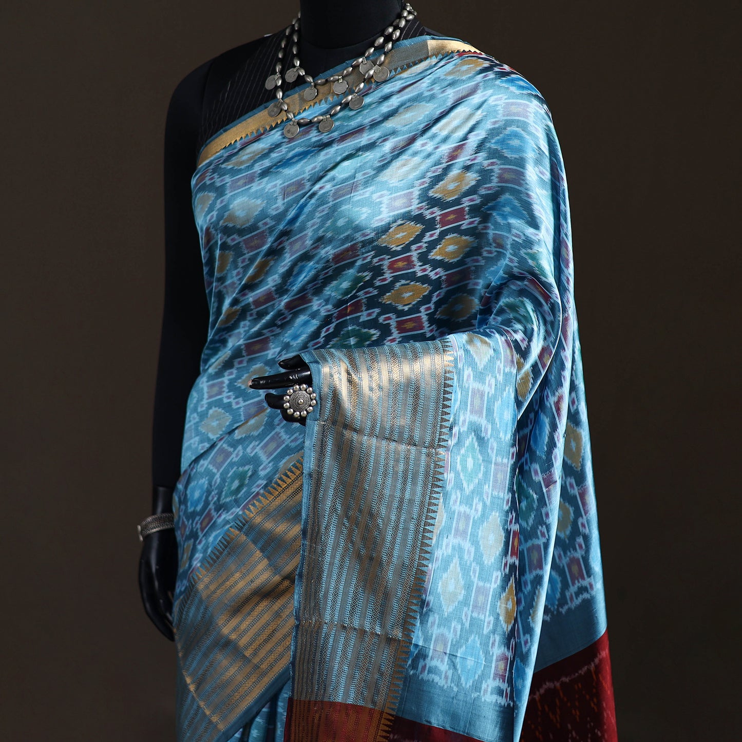 Blue - Traditional Pochampally Ikat Handwoven Pure Silk Pattu Saree with Rudraksha Border 09