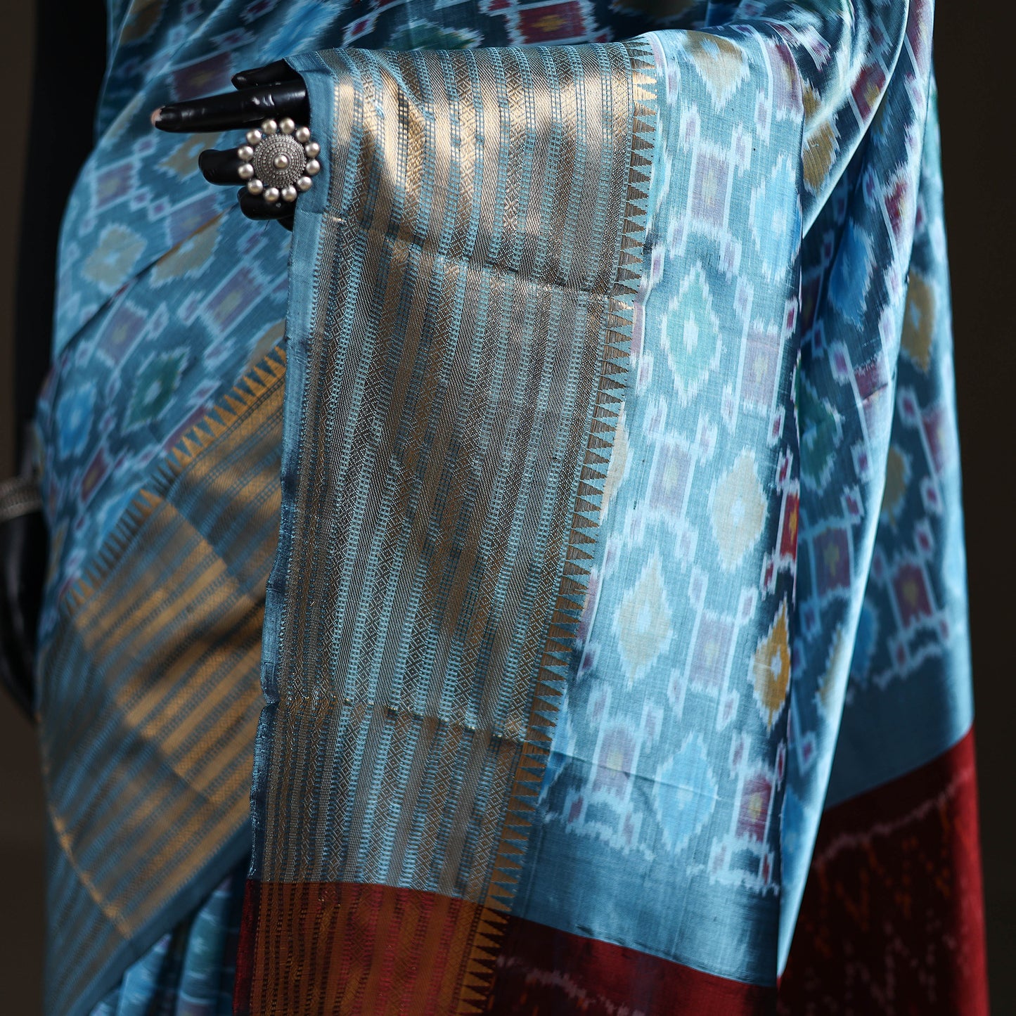 Blue - Traditional Pochampally Ikat Handwoven Pure Silk Pattu Saree with Rudraksha Border 09