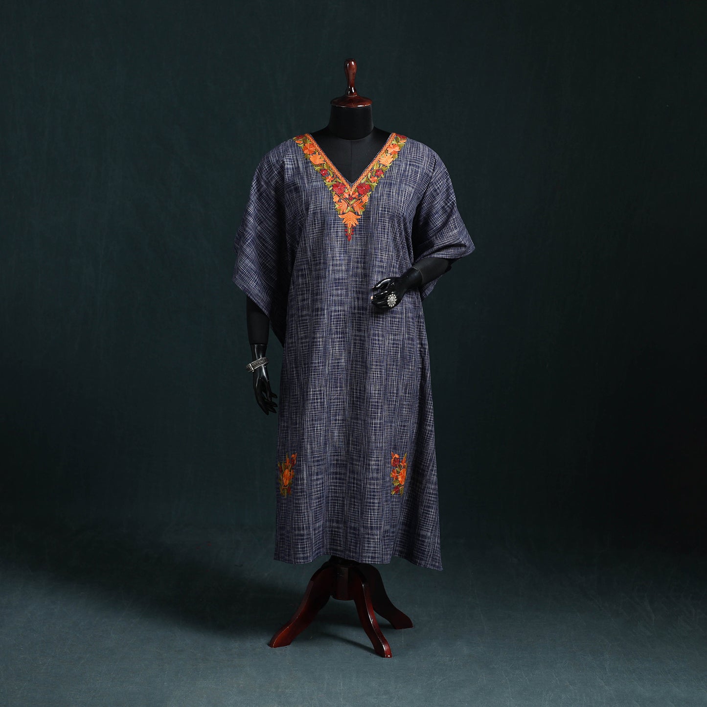 Blue - Kashmiri Aari Hand Embroidered Cotton Kaftan (Long) 52