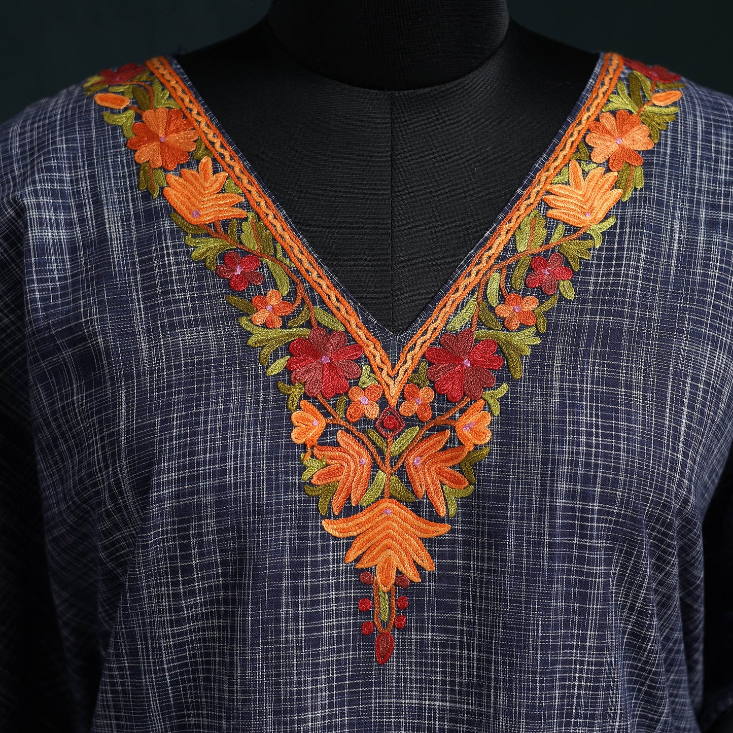 Blue - Kashmiri Aari Hand Embroidered Cotton Kaftan (Long) 52