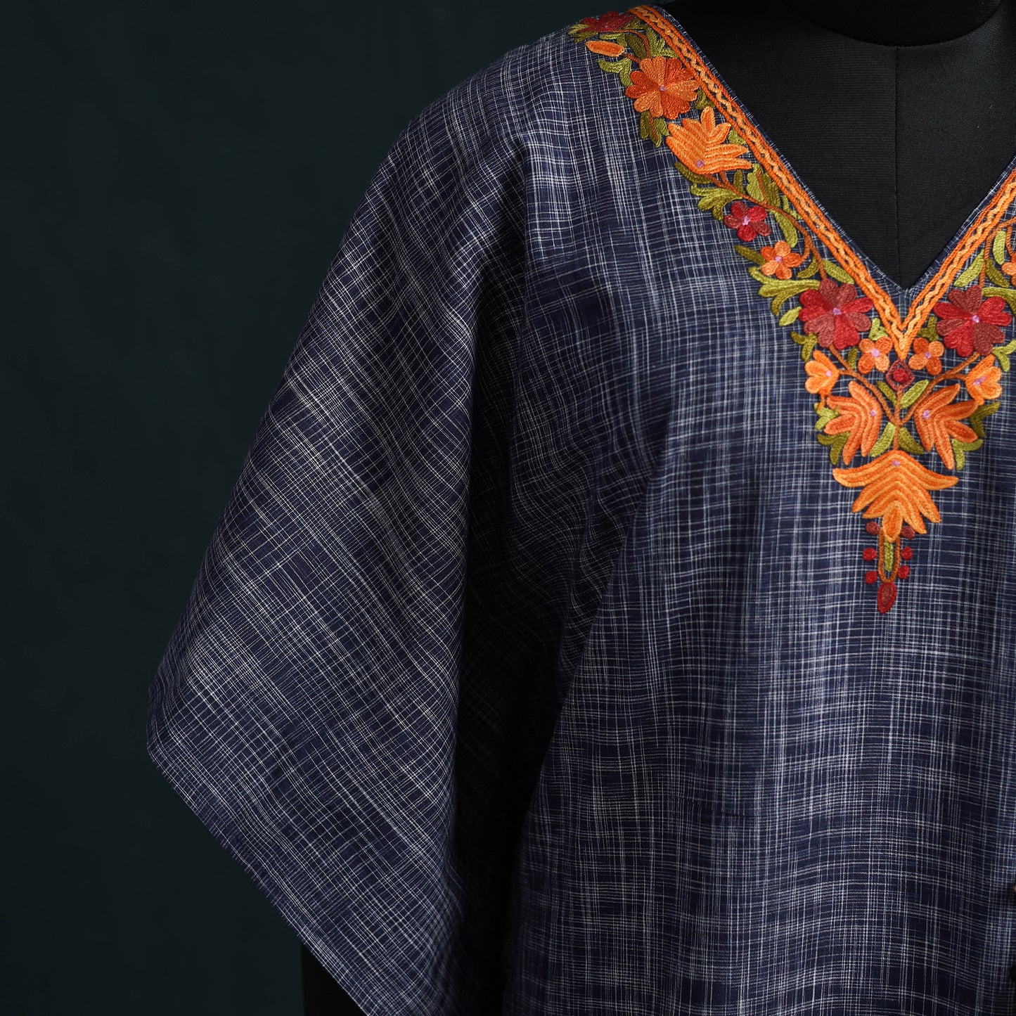 Blue - Kashmiri Aari Hand Embroidered Cotton Kaftan (Long) 52