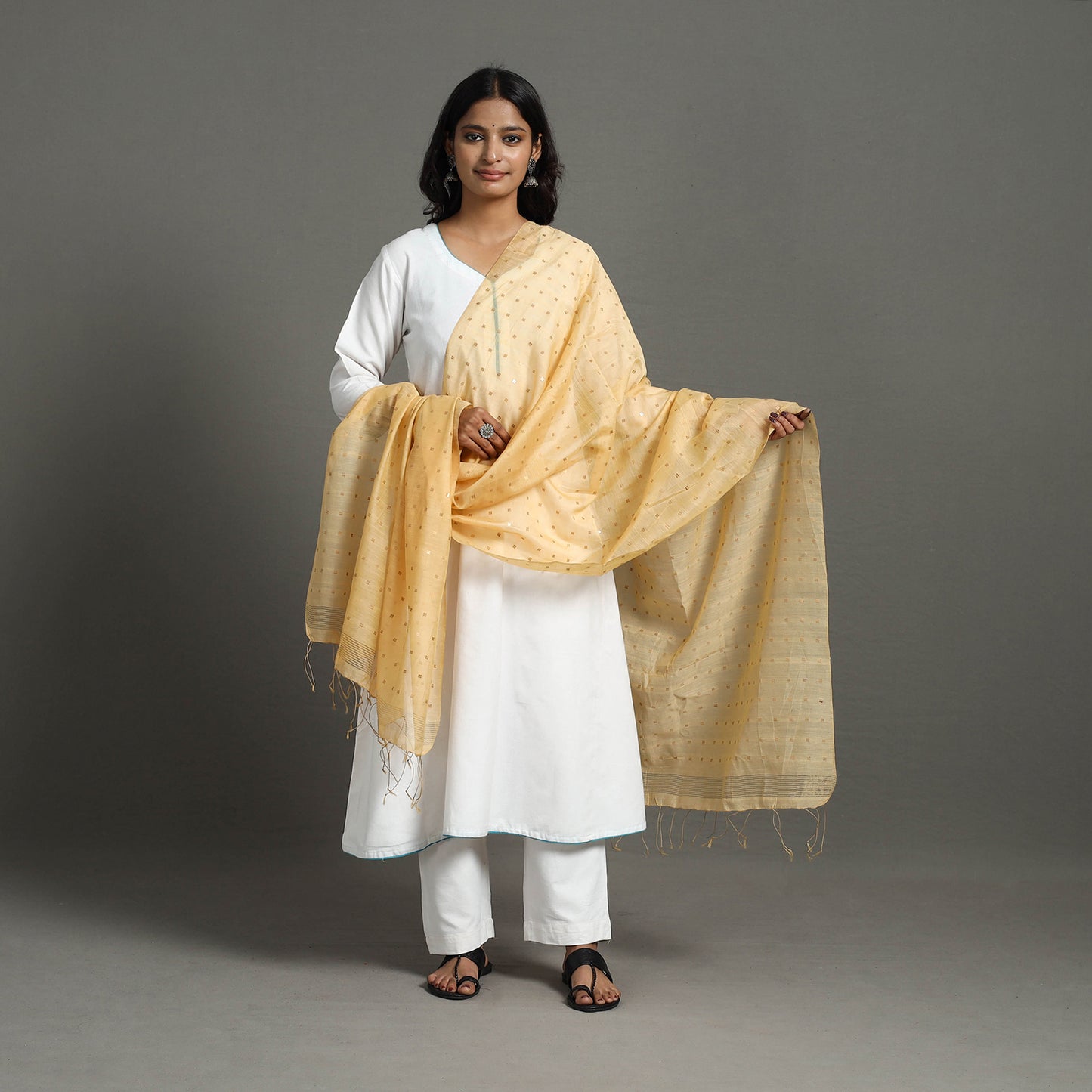 Yellow - bengal silk cotton sequin work handloom dupatta 24