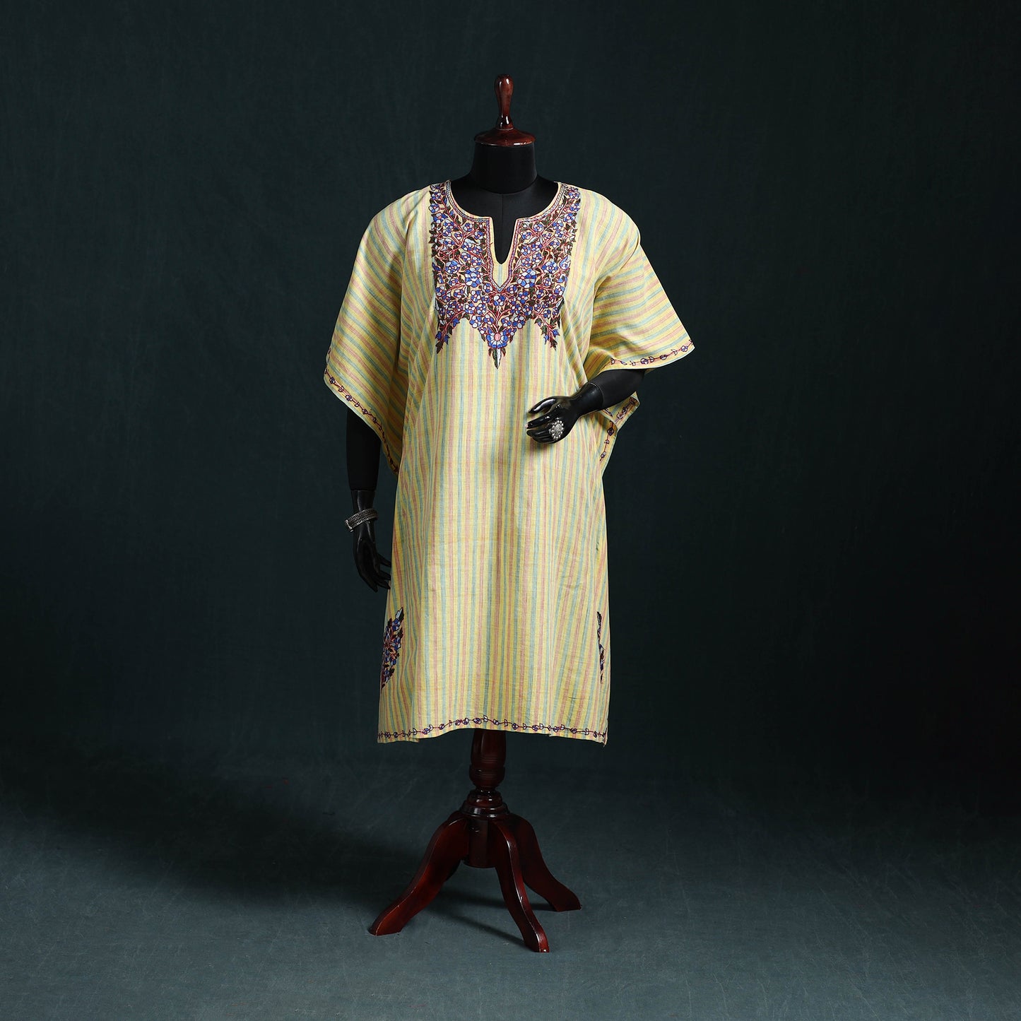 Yellow - Kashmiri Kashida Hand Embroidered Cotton Kaftan (Medium) 54