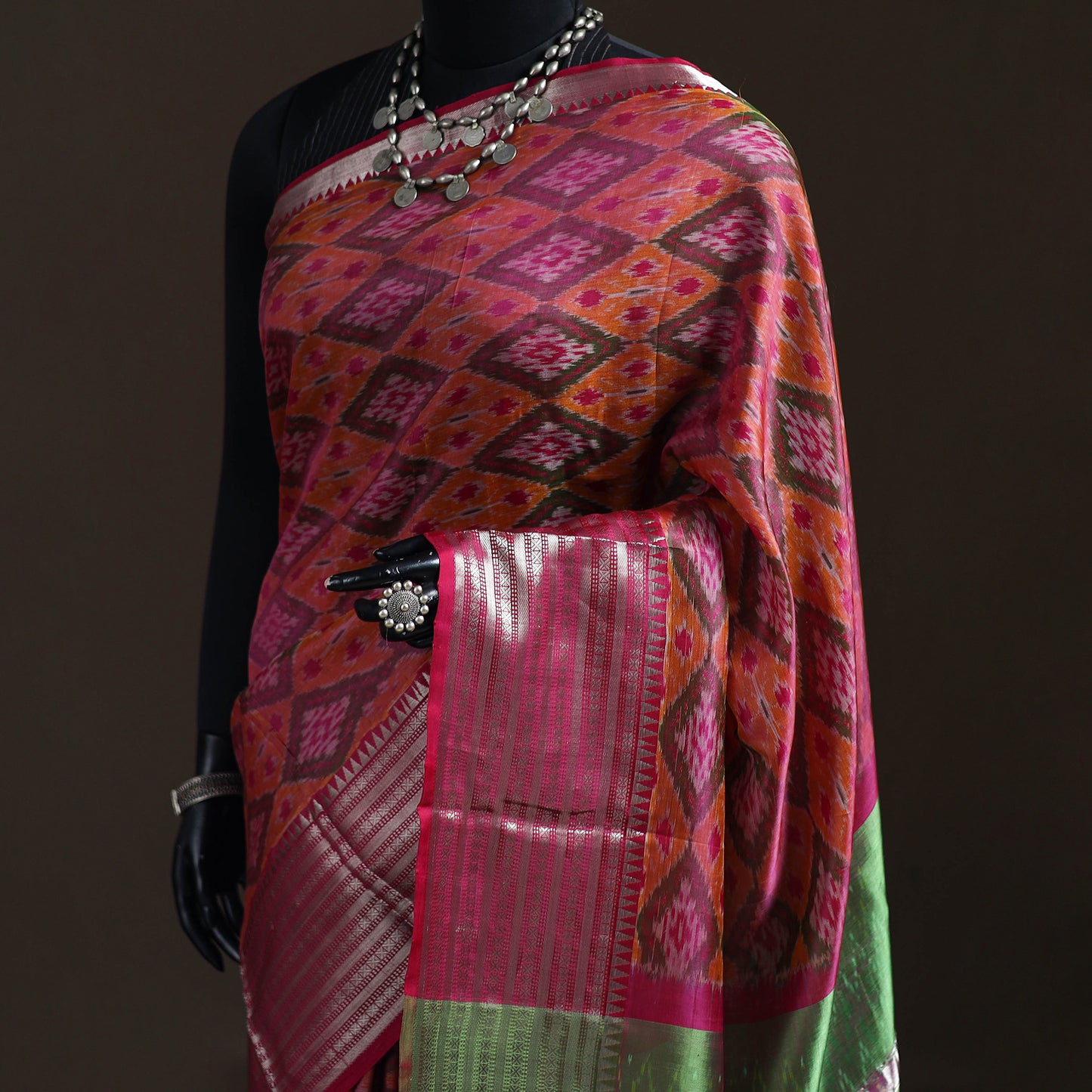 Pink - Traditional Pochampally Ikat Handwoven Pure Silk Pattu Saree with Rudraksha Border 12