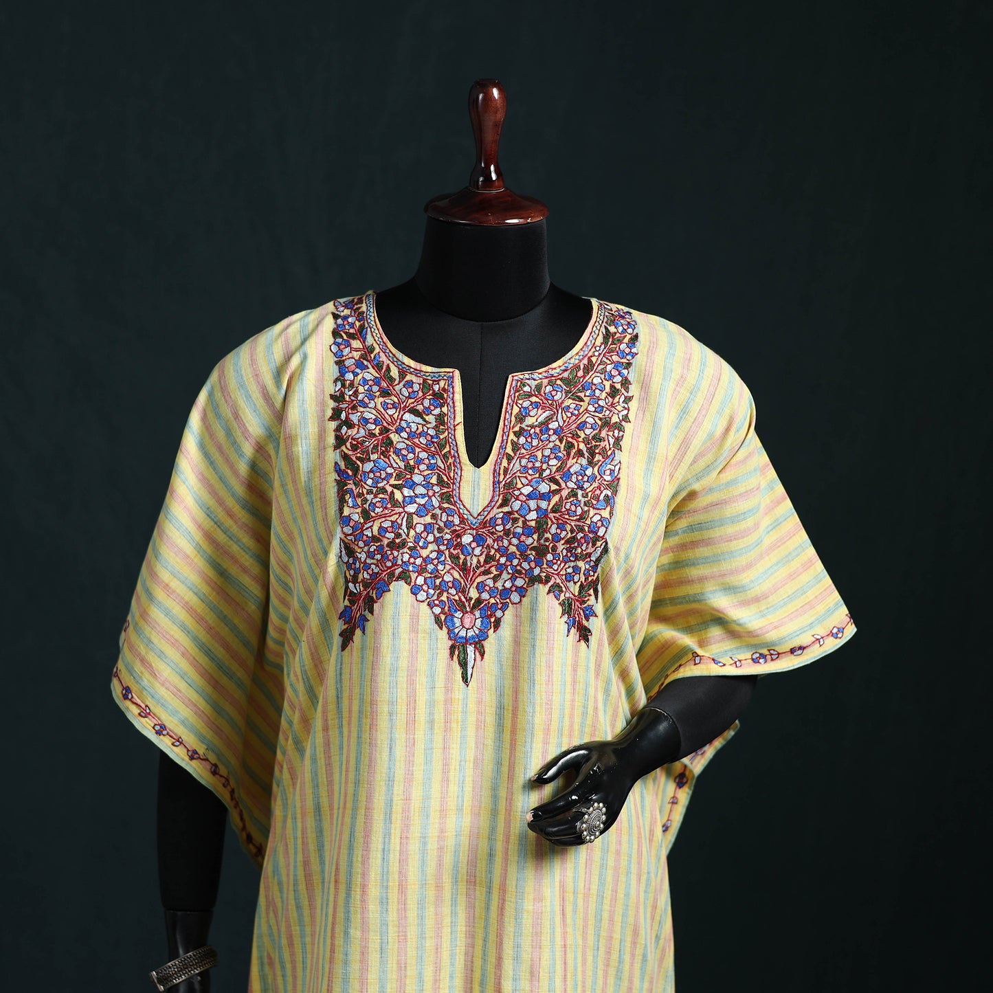 Yellow - Kashmiri Kashida Hand Embroidered Cotton Kaftan (Medium) 54