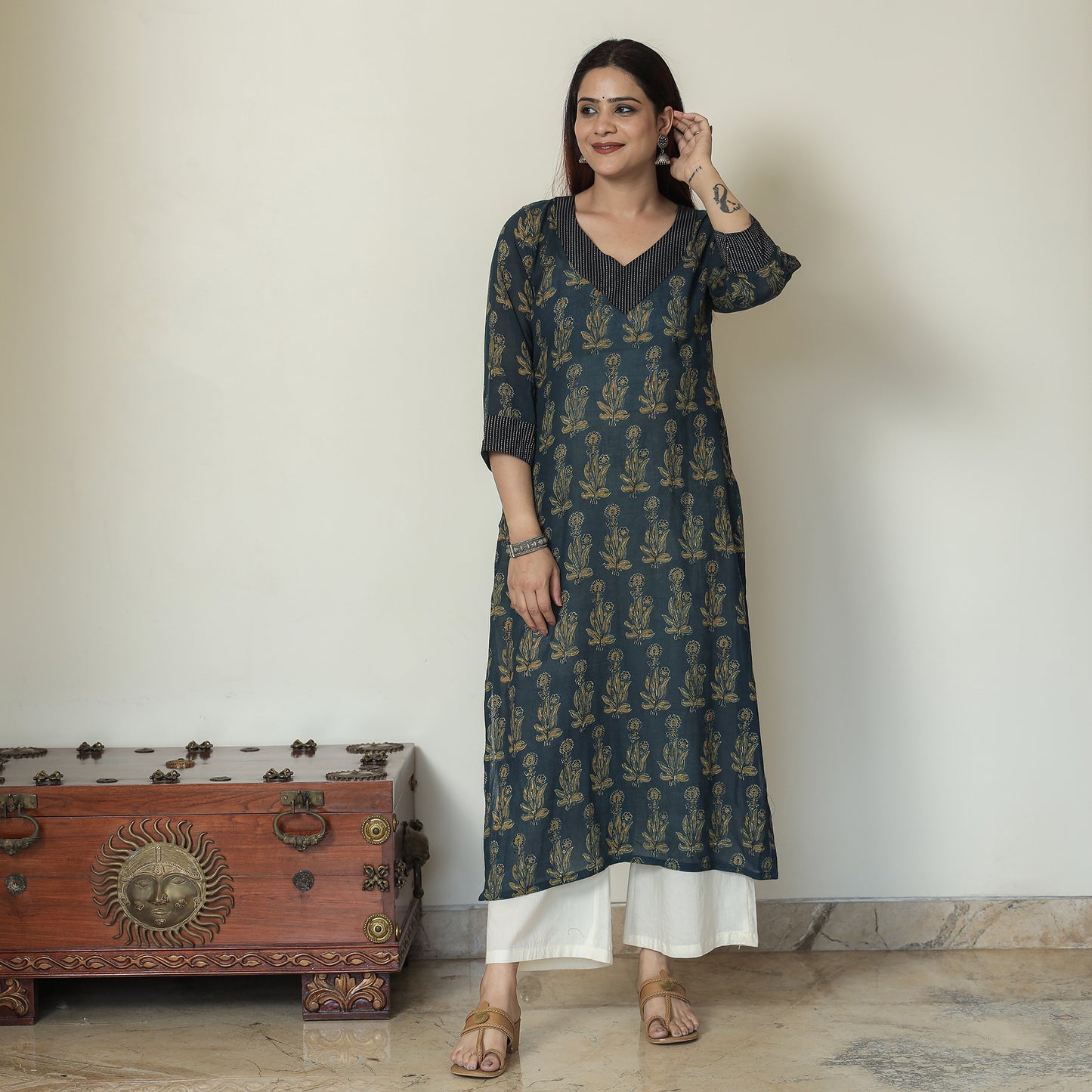 Buy Ajrakh Block Printed Mul Cotton Straight Kurta for Women