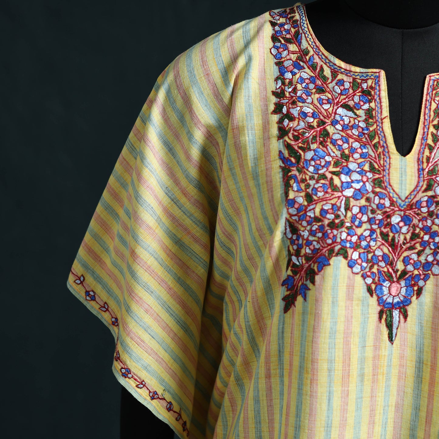 Yellow - Kashmiri Kashida Hand Embroidered Cotton Kaftan (Medium) 54