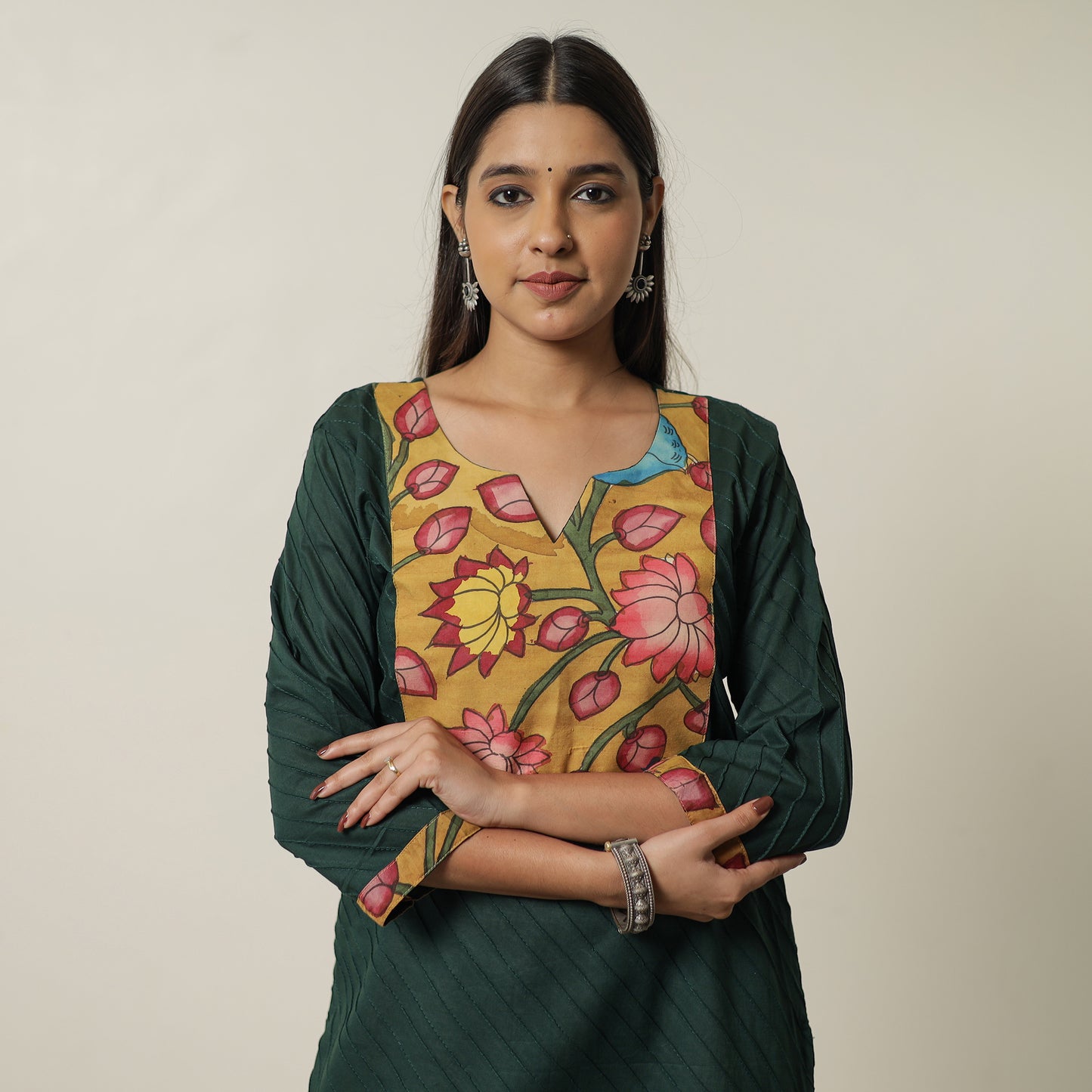 Buy Srikalahasti Kalamkari Patchwork Pintuck Plain Cotton Short Kurta 07 Online at iTokri.com