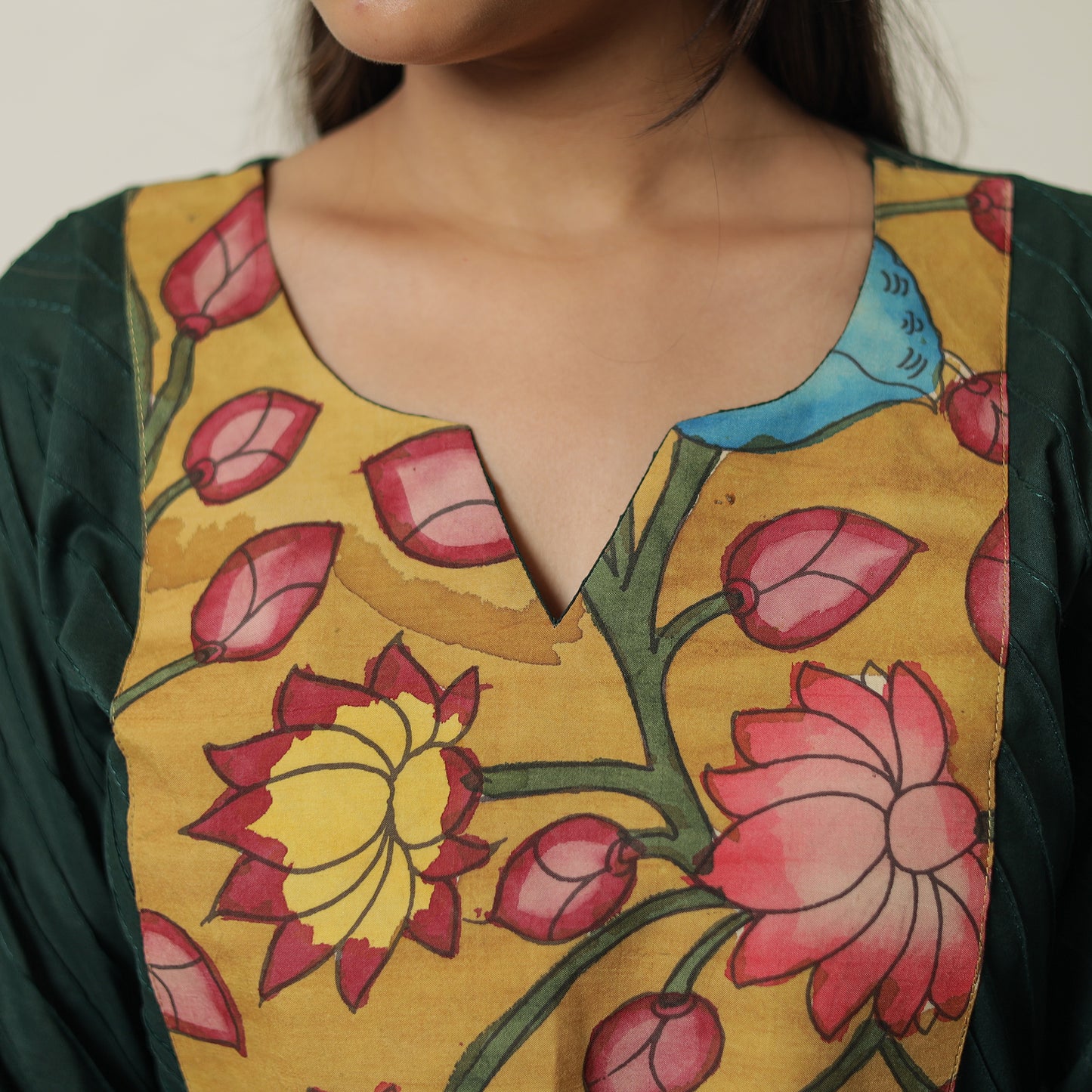 Buy Srikalahasti Kalamkari Patchwork Pintuck Plain Cotton Short Kurta 07 Online at iTokri.com