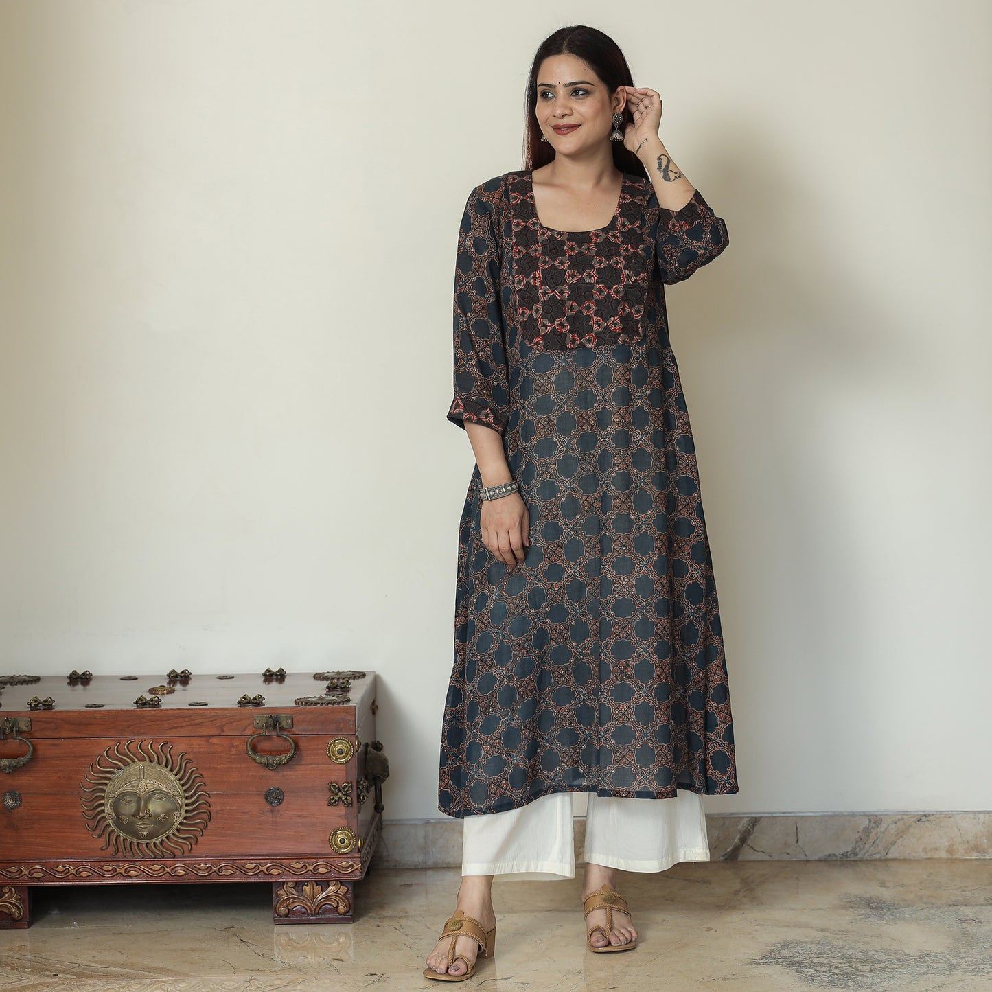 Buy Ajrakh Block Printed Mul Cotton A-Line Kurta for Women