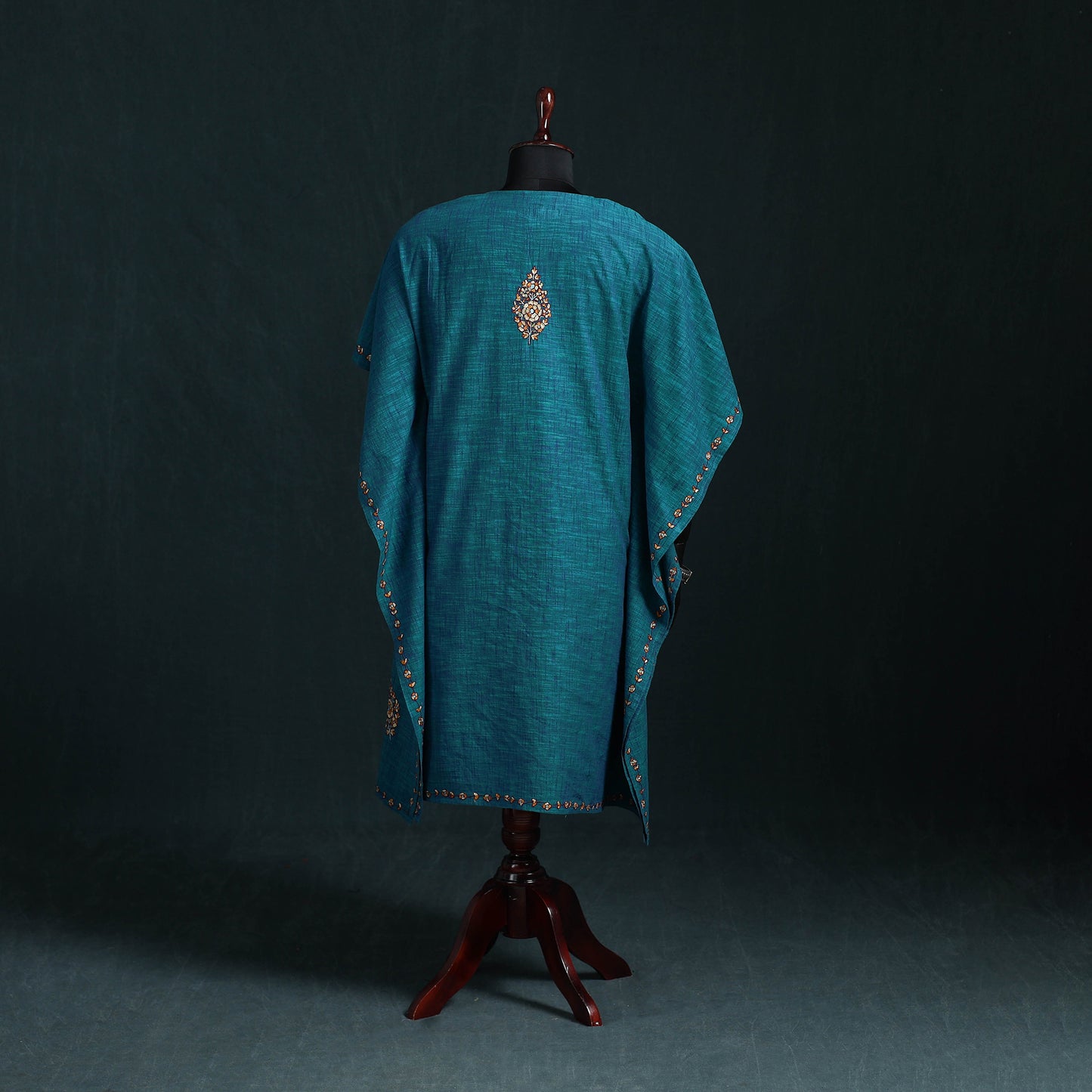 Blue - Kashmiri Kashida Hand Embroidered Cotton Kaftan (Medium) 55