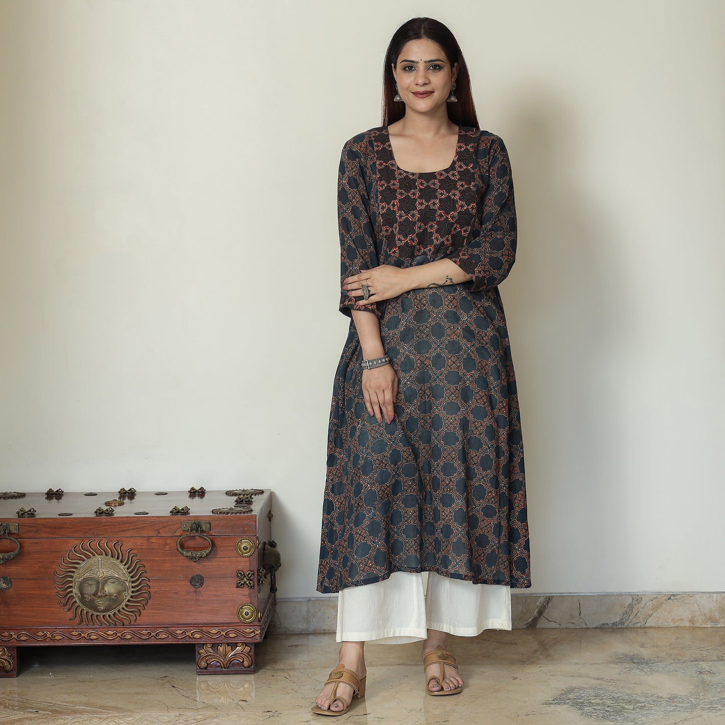 Buy Ajrakh Block Printed Mul Cotton A-Line Kurta for Women